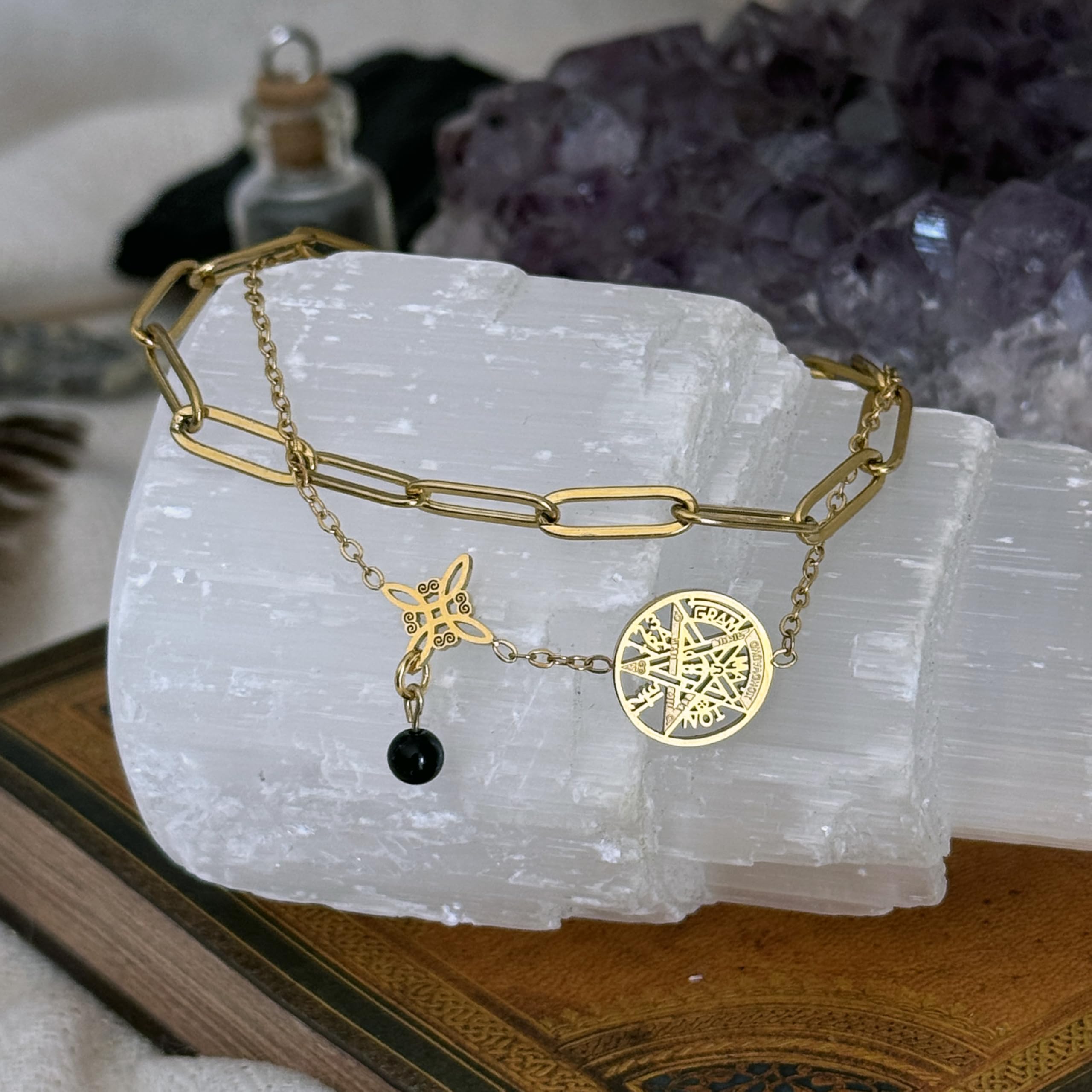 Simboliks Tetragrammaton con Nudo de Bruja, pulsera Amuleto de la Suerte Protección, Regalo Mujer, Talismán de protección personal, pulsera Ajustable Tetragramaton Regalo esotérico