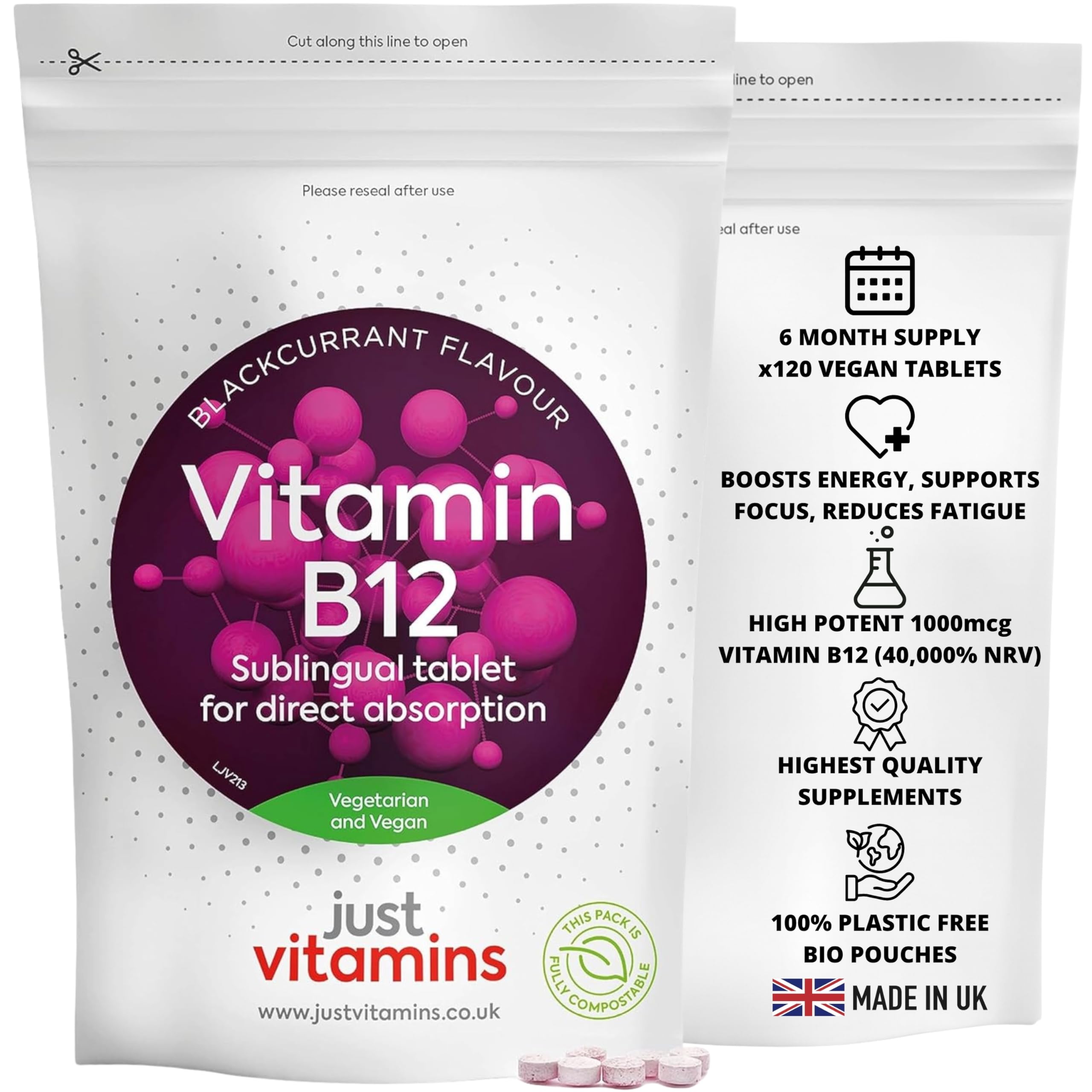 Vitamin B12 High Strength 1000mcg | 180 Vegan Tablets | Supports Energy, Metabolism & Reduces Fatigue | Blackcurrant Flavoured Sublingual Tablets | UK Made - Just Vitamins