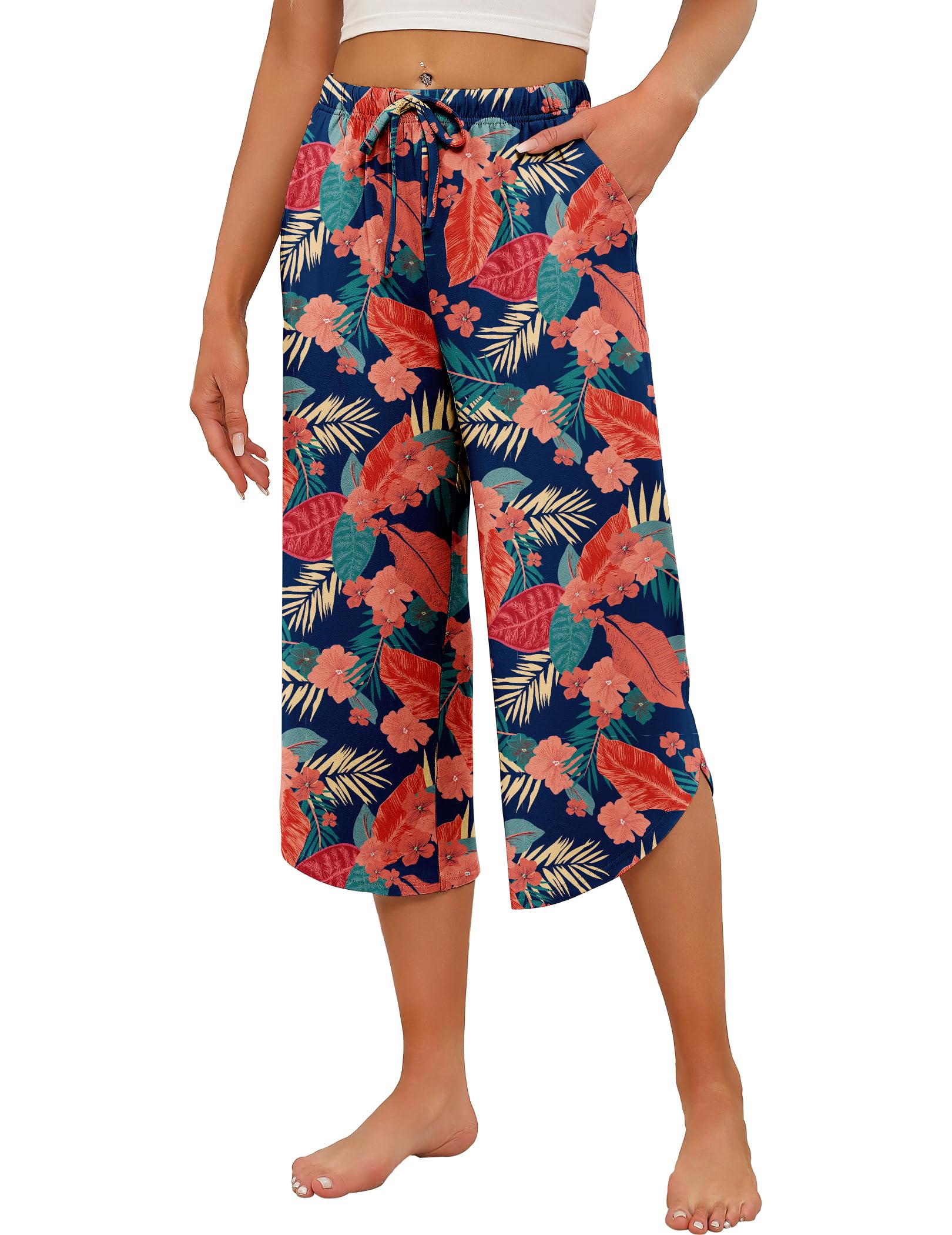 Ekouaer Womens Pajama Pants Capri 2026 Wide Leg Lounge Pj Pants Summer Comfy Drawstring Pajama Bottoms with Pockets