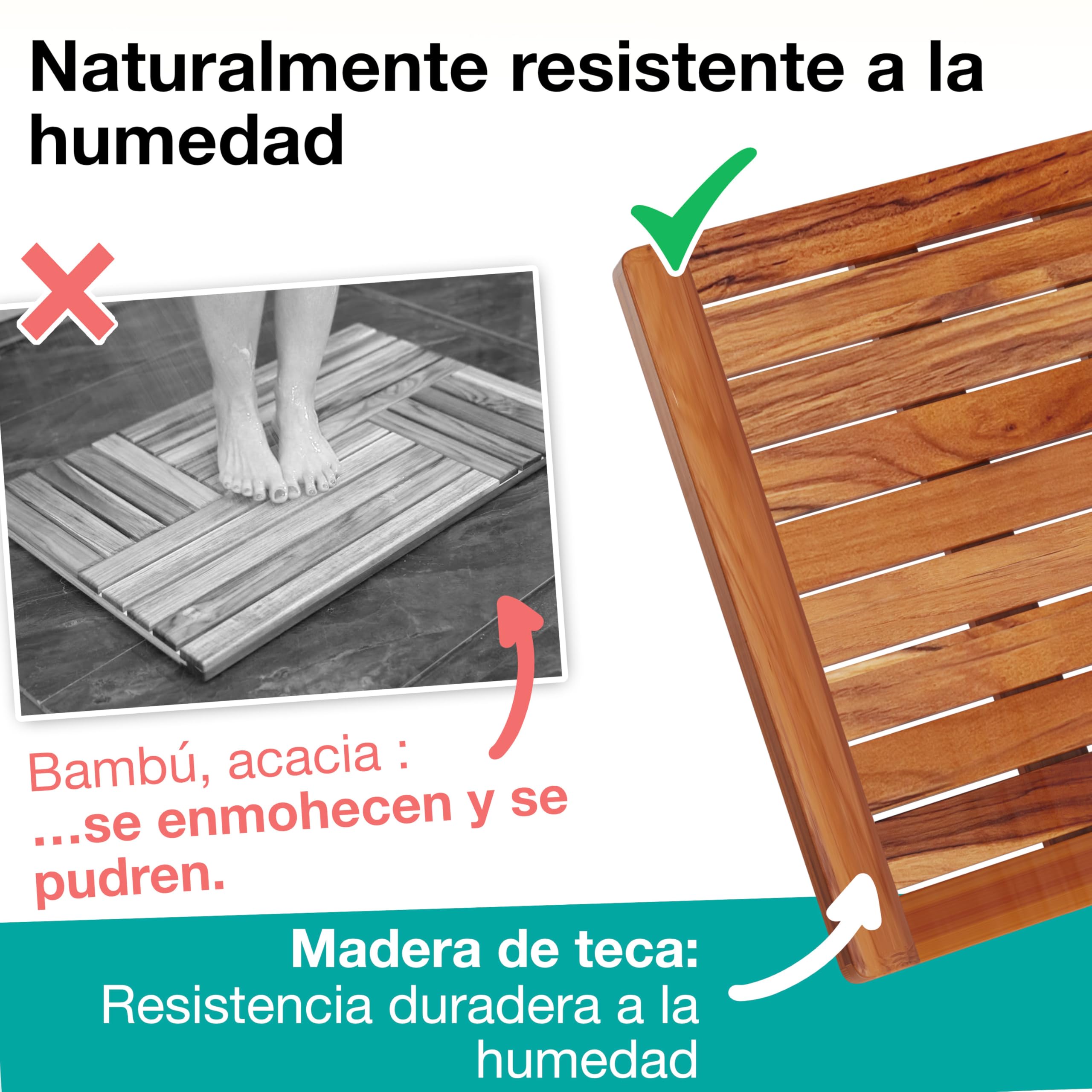 Tarima de Ducha 50 x 50 cm - Madera de Teca - Resistente Al Agua Y Al Moho - Alfombrilla De Baño Cuadrada - Interior, Exterior, Jardin, SPA - Alfombra Antideslizante - CB5050
