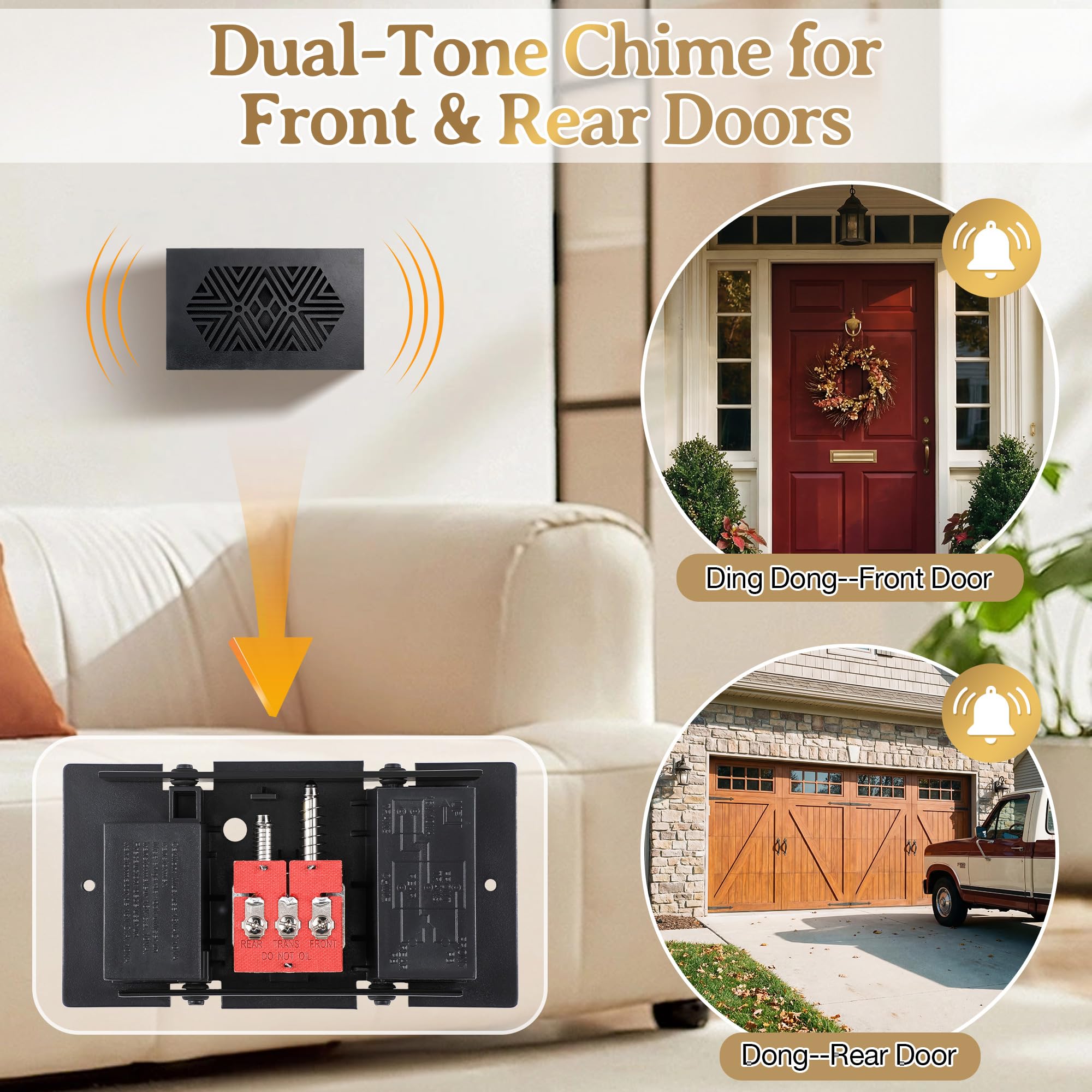 Timbre mecánico con cable, 16 V 10 VA con cubierta de madera, timbre de puerta delantera y trasera para pared interior del hogar con tornillos y cinta adhesiva, dos sonidos fuertes (negro)