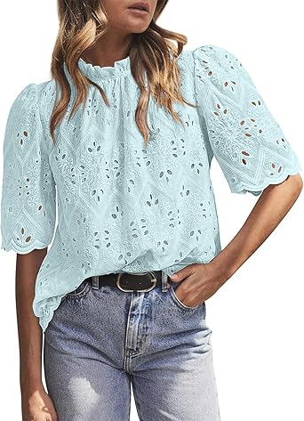 BETTE BOUTIK Womens Lace Tops 2025 Trendy Long Short Sleeve Eyelet Embroidered Dressy Casual Blouse Shirts