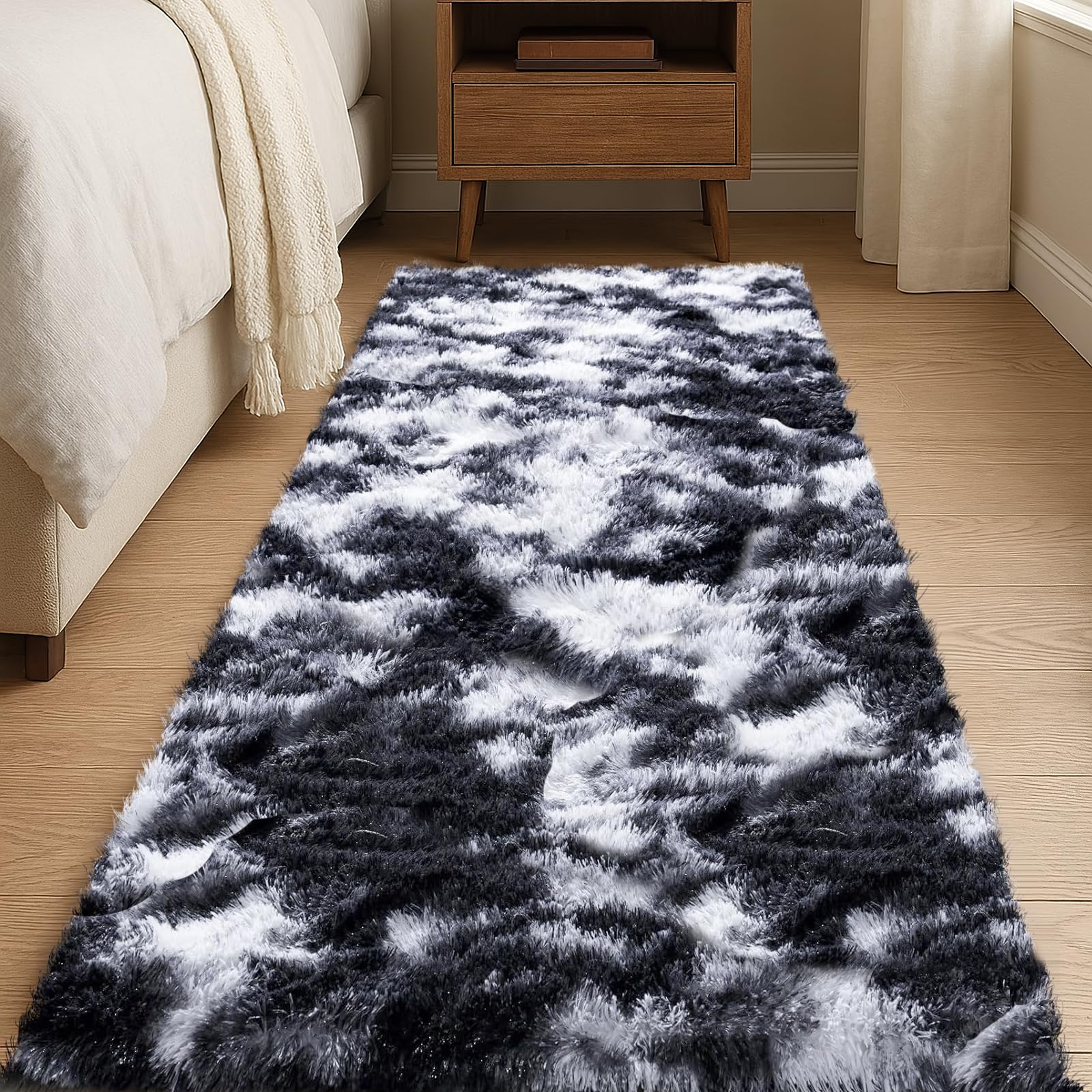 JOYARR Rugs Living Room, 160x230 cm Large Area Carpet Fluffy Washable Soft Shaggy Anti Slip Modern Decor Tie Dye Mat for Bedroom Lounge Kids Nursery Room, Black White — image 1