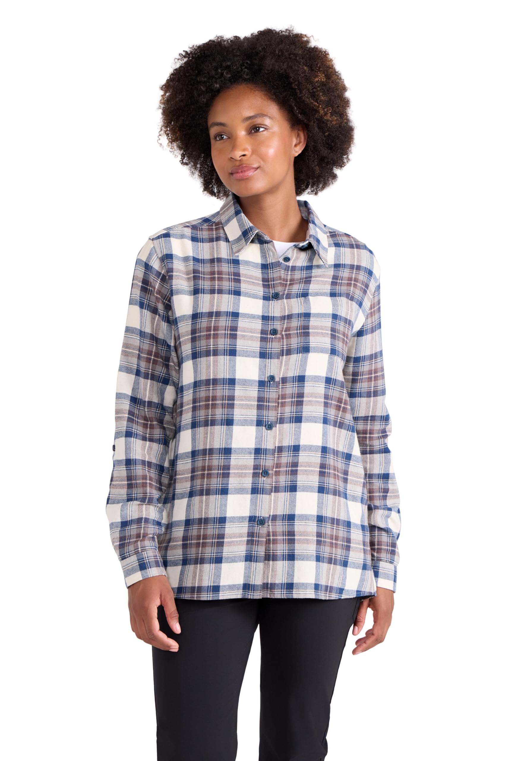 Mountain Warehouse Women's 'Balsam' Brushed Long Sleeved Relaxed Fit Longline Flannel Shirt in Blue | Size: 16