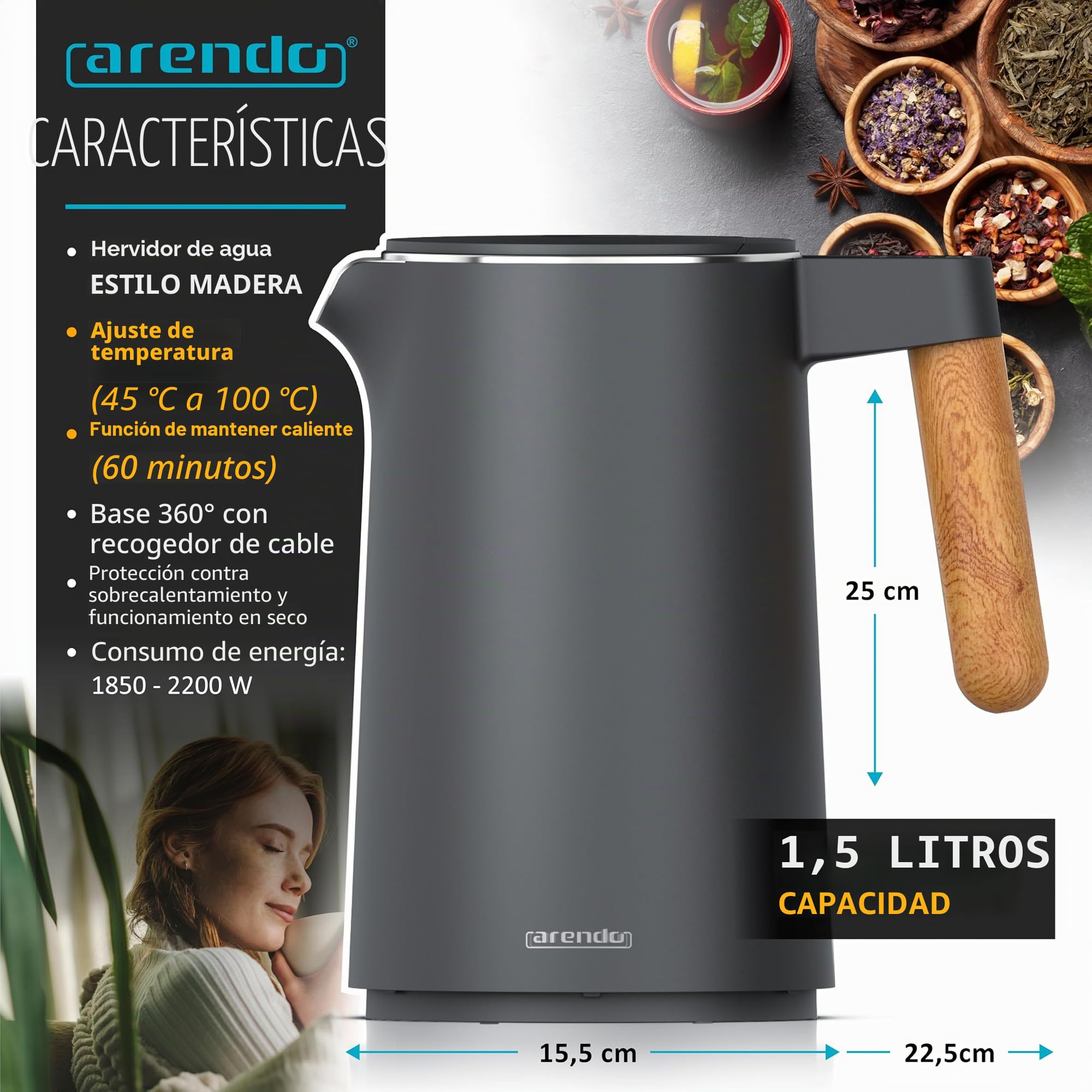Arendo - Hervidor de agua de acero inoxidable con ajuste de temperatura - 45 °C - 100 °C - 1,5 litros - Doble pared - Libre de BPA - Función de retención de calor - Hervidor de tetera con indicador de
