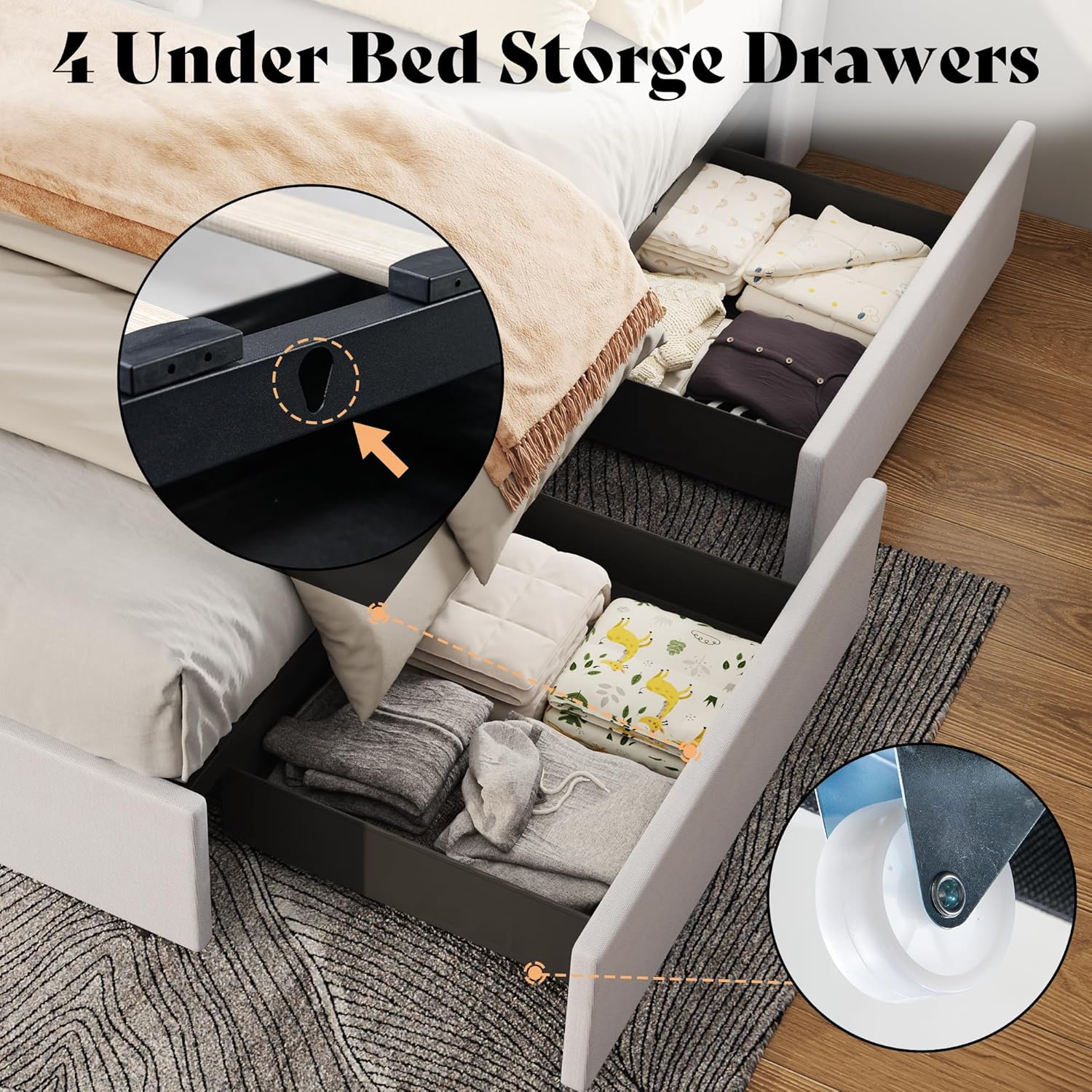 AMERLIFE King Size Upholstered Platform Bed Frame with RGBW LED Storage Headboard, 4 Foldable Storage Drawers & Charging Station, Soft Linen Fabric, No Box Spring Needed, White