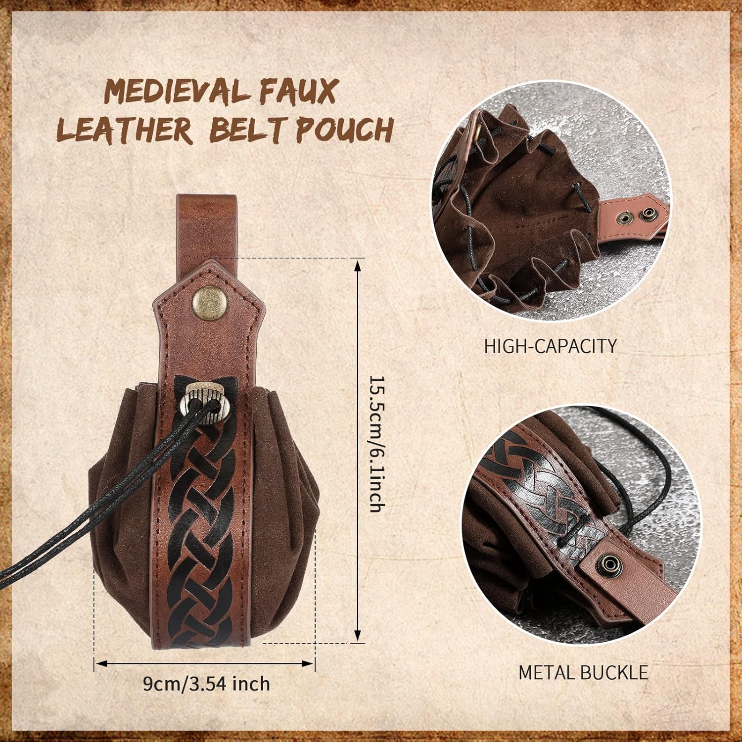 2 Pcs Medieval Faux Leather Pouch Portable Drawstring Purse Medieval Belt Pouch Vintage Renaissance Belt Pouch Dice Bag for Men Women Costume Accessories (Black, Brown) - Image 2
