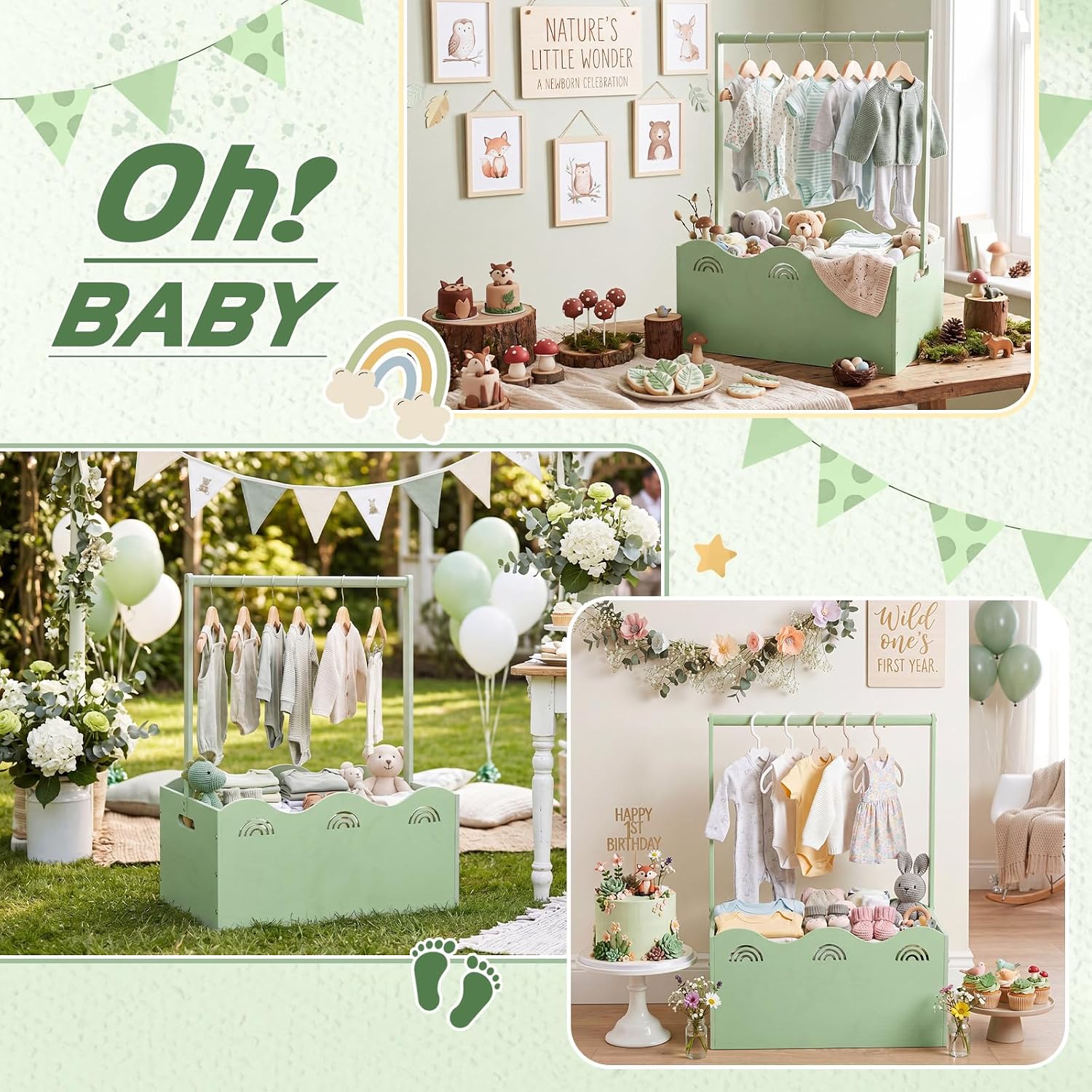 Suzile Baby Shower Basket Wooden Crate Closet Storage with Handle Baby Registry Hamper Pregnancy Gift for New Parent(Rainbow,Sage Green)