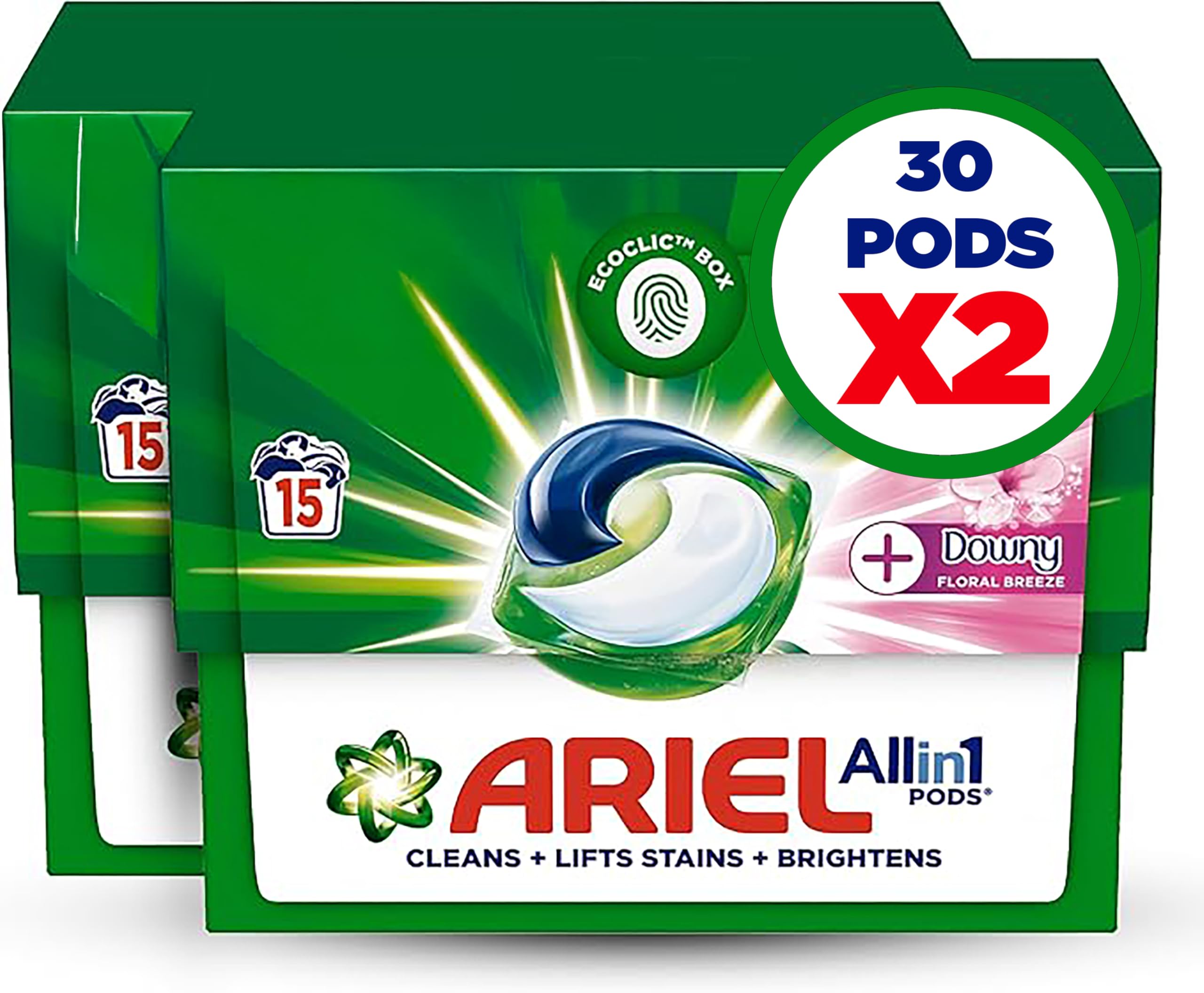 Ariel Floral Breeze All-in-1 Pods, 15 count, Laundry Detergent Pods Cleans, Lifts Stains and Brightens, Dual Pack
