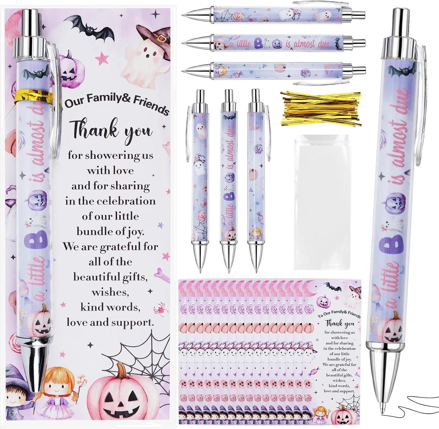 30 Set Halloween Baby Shower Ballpoint Pens Bulk Purple Pink Halloween Baby Shower Favor Retractable Black Ink Pens Thank You Cards Halloween Favor for Guest Student School Office Gift