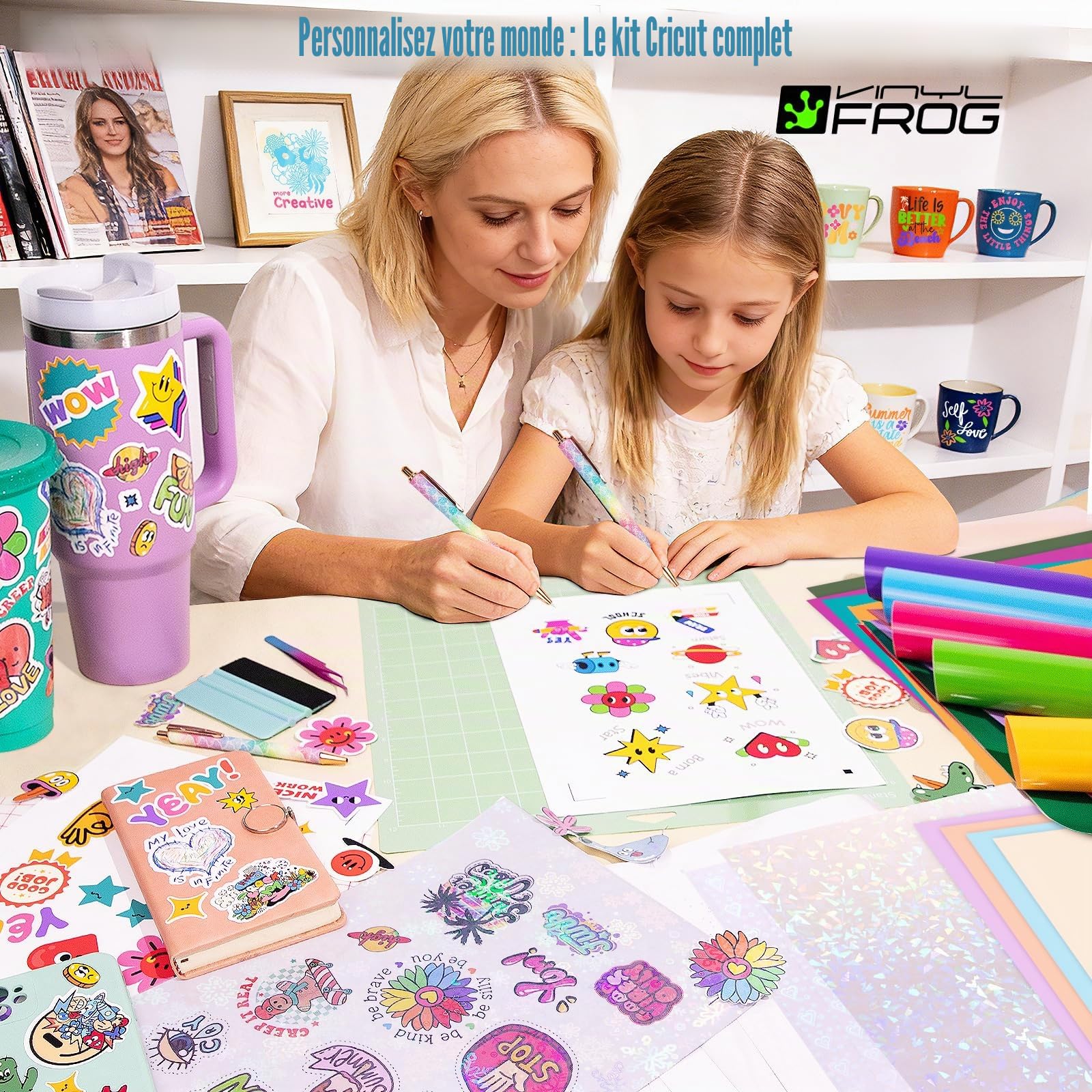 VINYL FROG Lot de 60 accessoires pour Cricut Maker et All Explore Air, outils ultimes avec vinyle adhésif permanent, papier autocollant en vinyle imprimable, tapis de coupe, outils de désherbage,