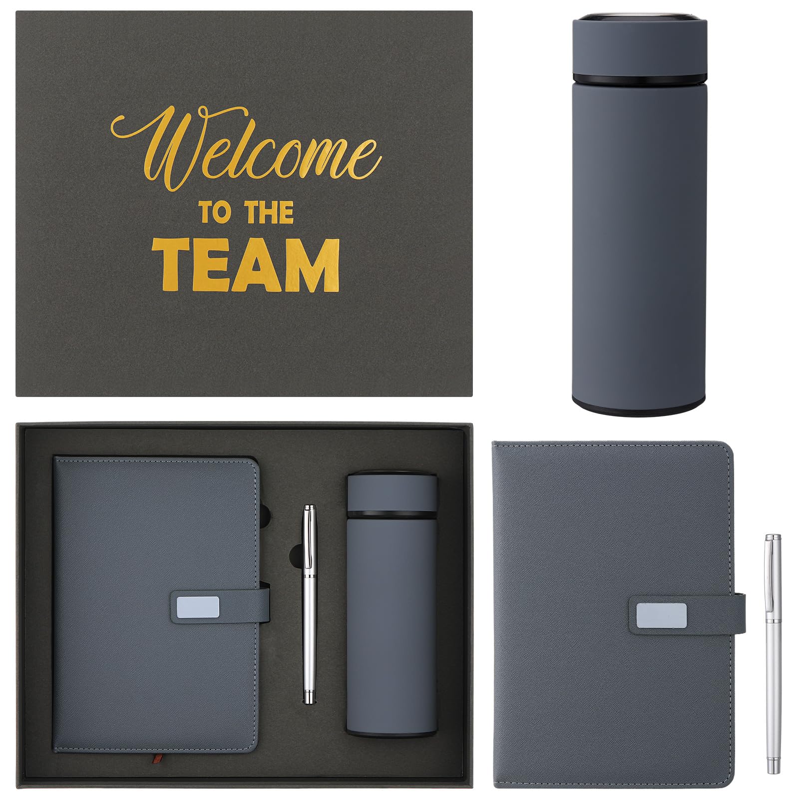 Thenshop Juego de regalo de bienvenida al equipo para nuevos empleados, cuaderno, bolígrafo y vaso, set de regalo de agradecimiento para empleados nuevos empleados (gris)