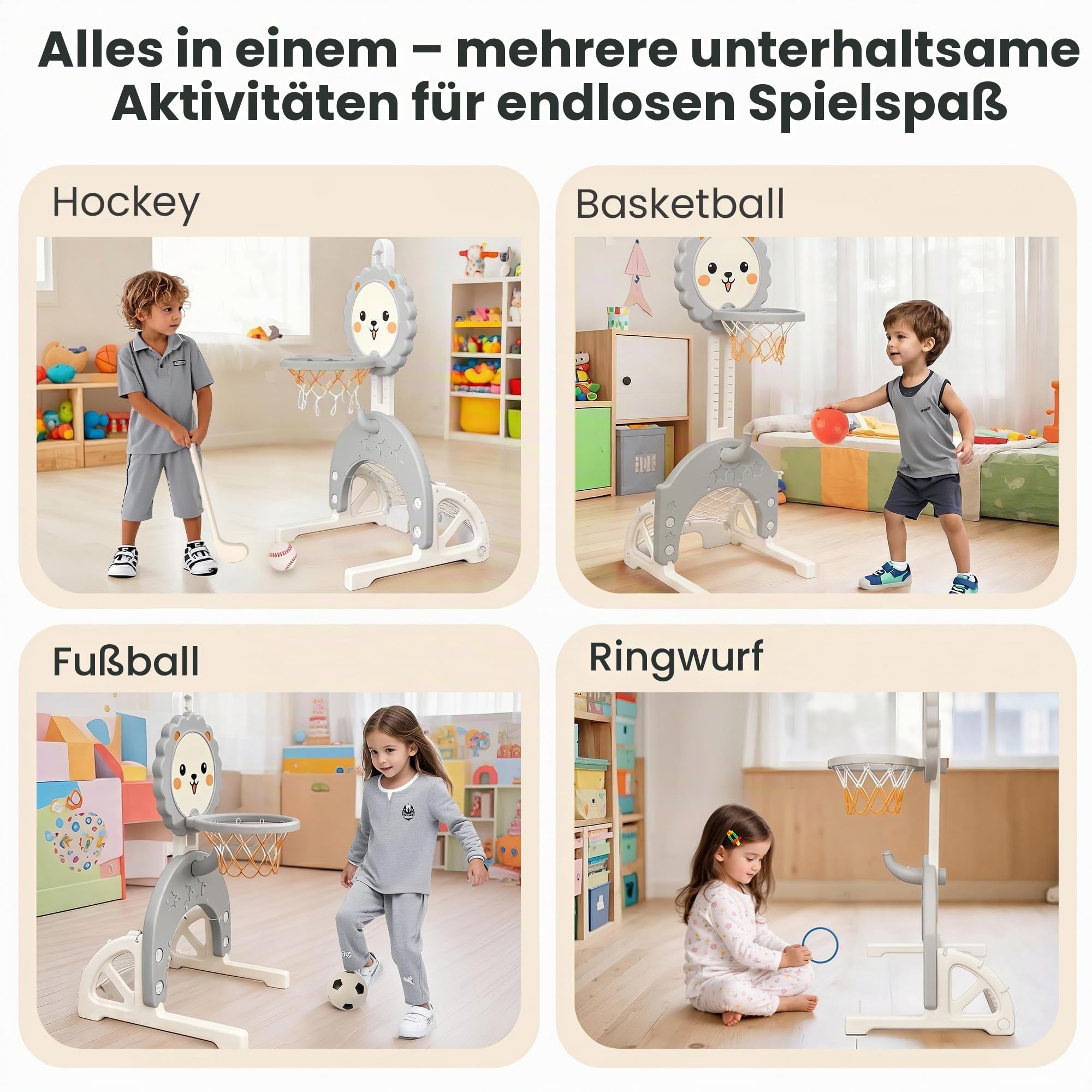 3-in-1 Kinder Basketballkorb Set, Höhenverstellbarer Basketballständer mit Fußballtor und Ringwurf, Mini Basketballkorb, Kinder Spielgeräte für Indoor und Outdoor