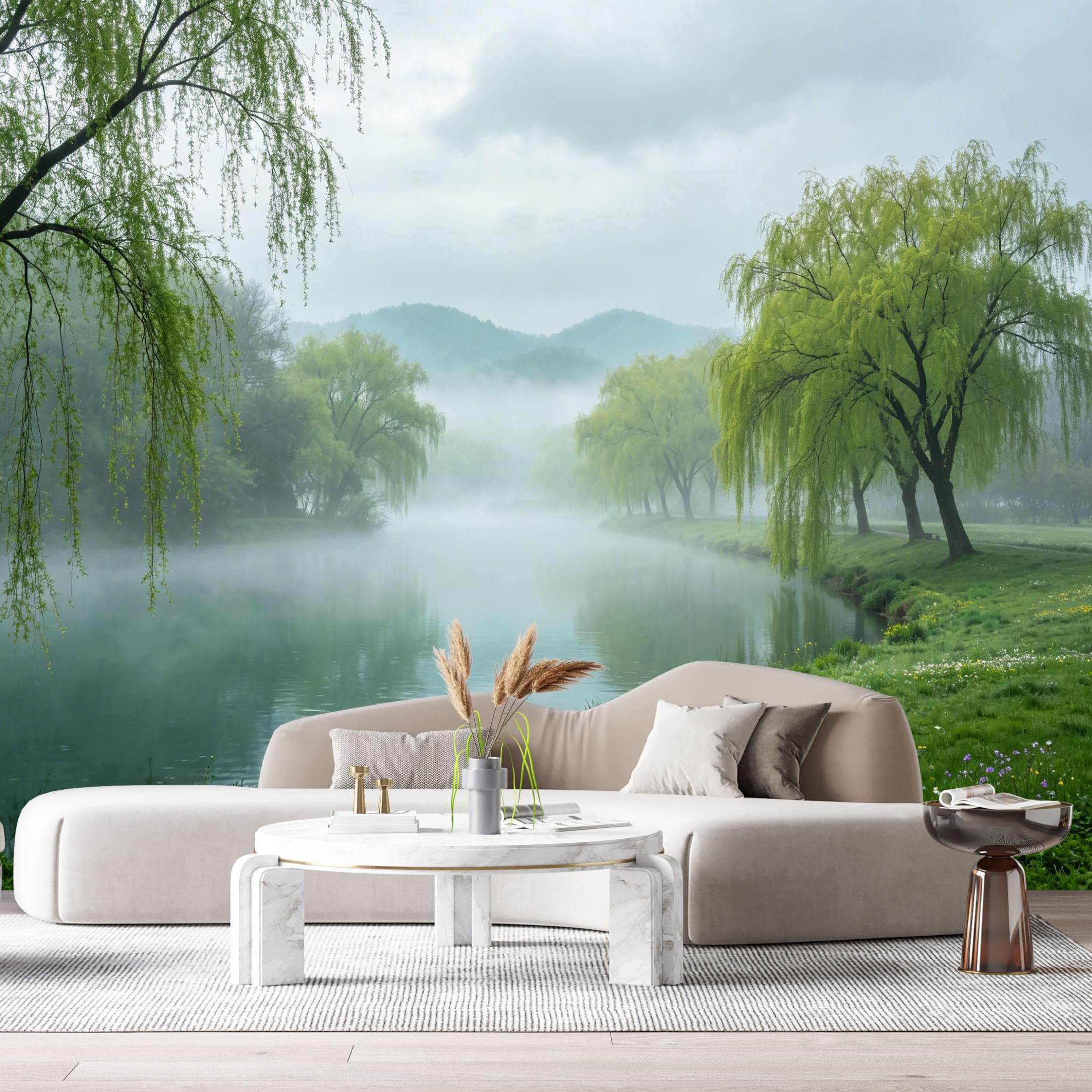 Custom Size Wall Murals Misty Lake Landscape Willow Trees Mountain View Water Reflection SelfAdhesive Wall Fabric Removable Large Wallpaper for Photo Living Room