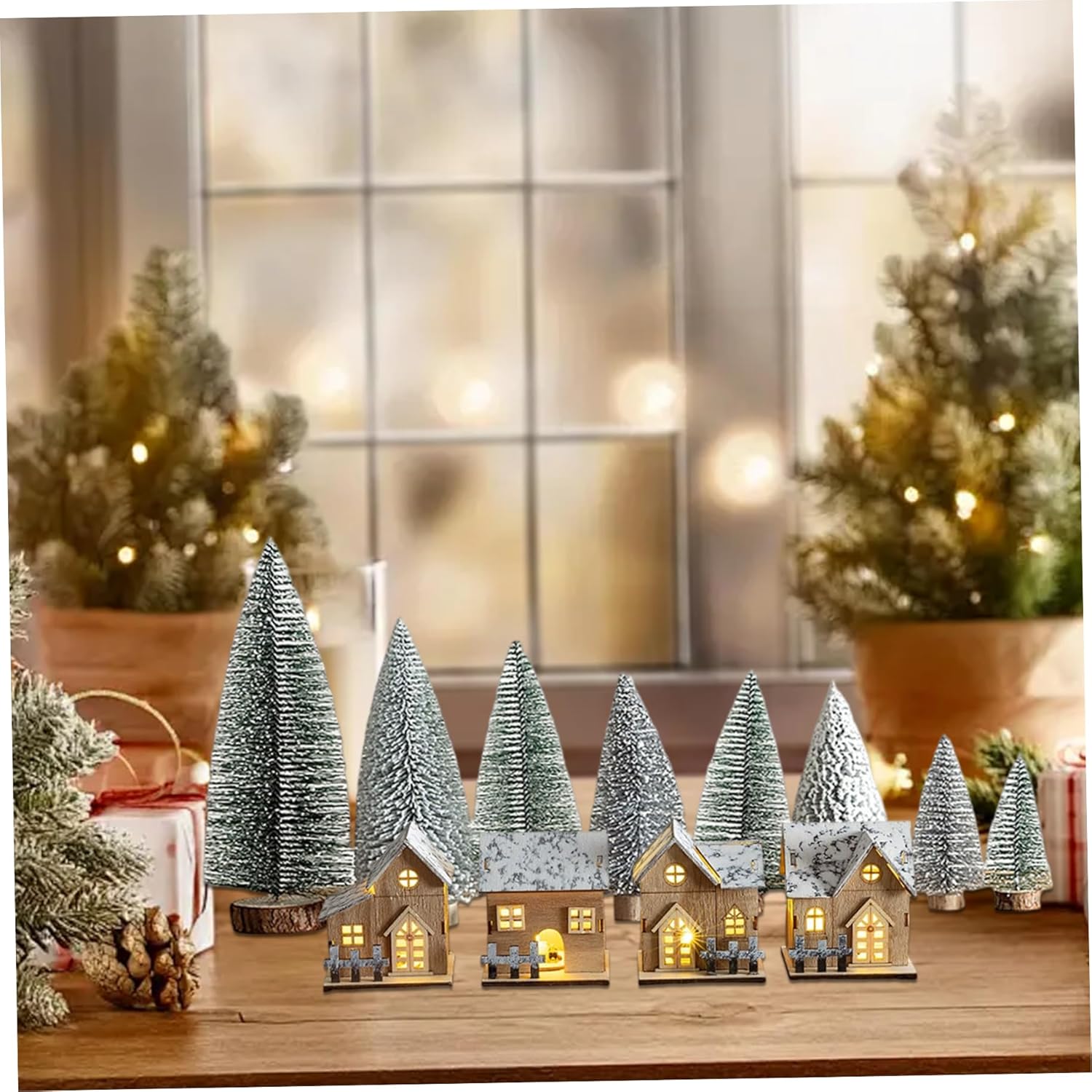 Christmas Village Houses 4PCS Light up Snowman Roof Christmas Houses with 8PCS Xmas Tree