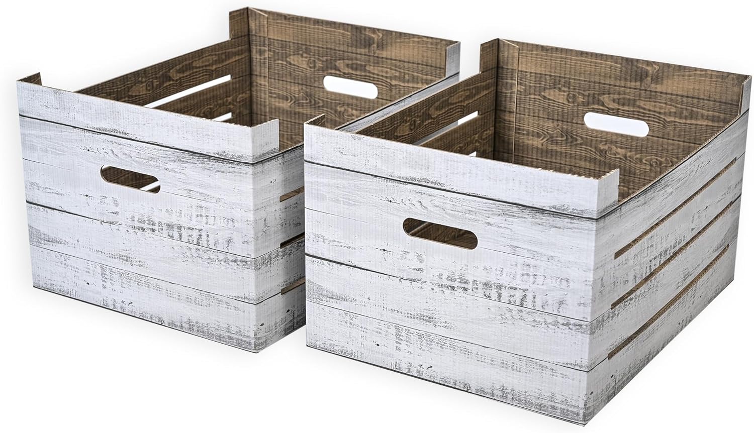 Set of 2 Cardboard Storage Crates with Handles – Decorative Foldable Boxes for Home Office, Living Room, Bedroom, Wardrobe – Flat-Packed – XLarge – 42x33x25cm – White