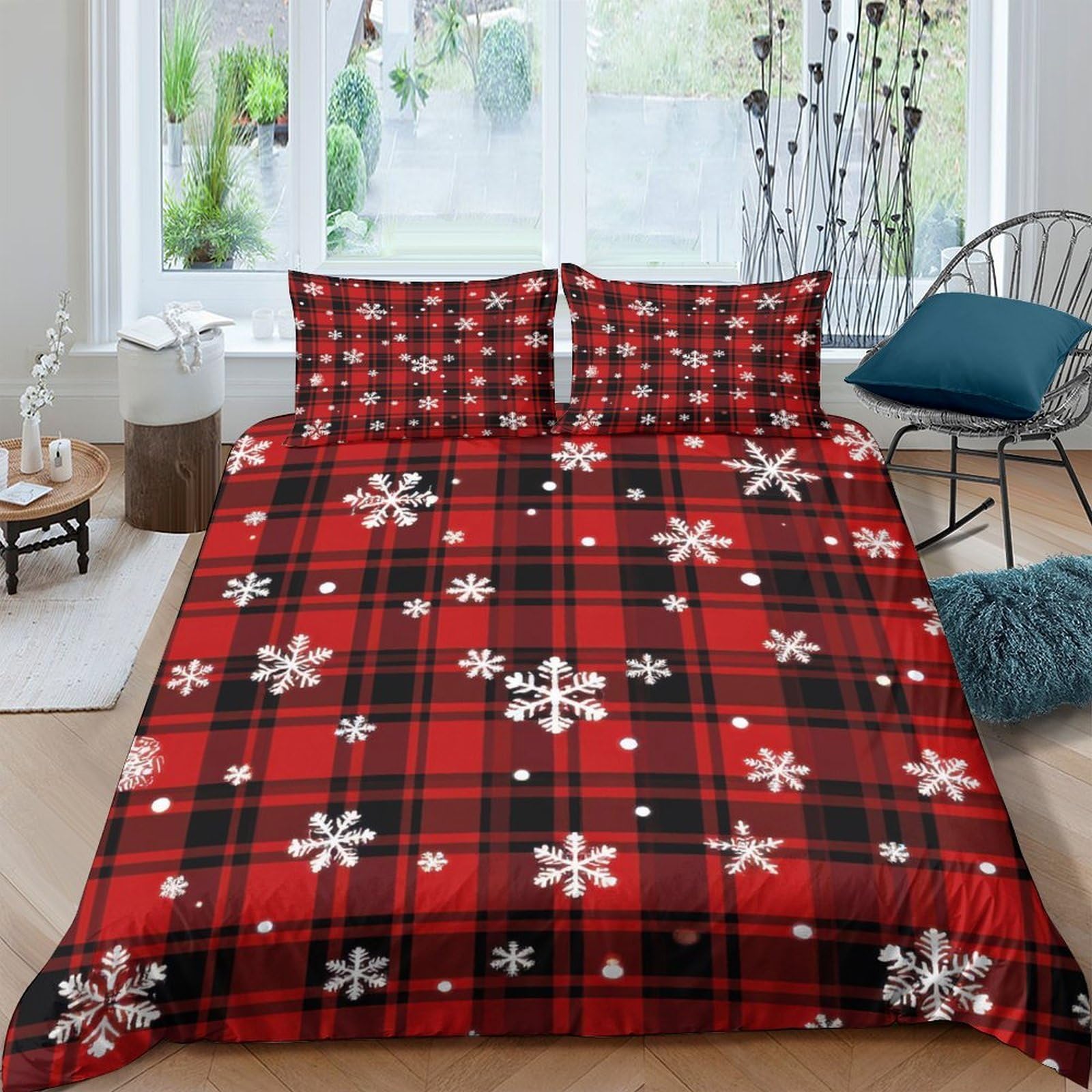 GPLZQXKJNH 3D Printed Red Plaid Snowflake Duvet Cover Microfiber Soft Breathable Winter Bedding Set with 2 Pillowcases for Bedroom Decor Single（135x200cm）