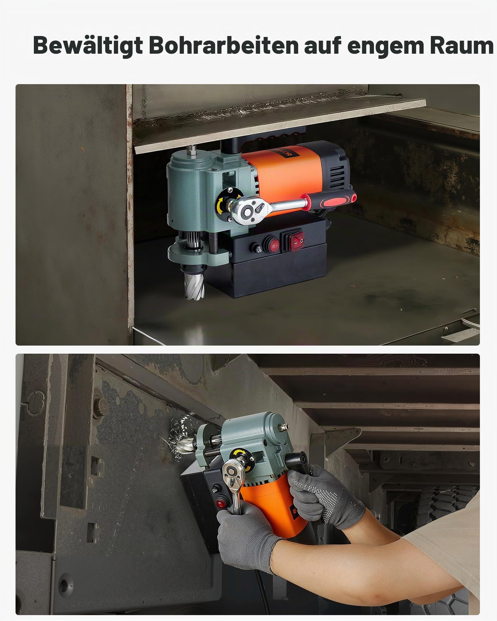 VEVOR Magnetbohrmaschine mit niedrigem Profil, 1300 W, 35 mm Bohrdurchmesser, 10000 N Leistung, tragbare Magnetbohrmaschine mit Weldon-Schaft, für Metalloberflächen Industrie Heimwerker