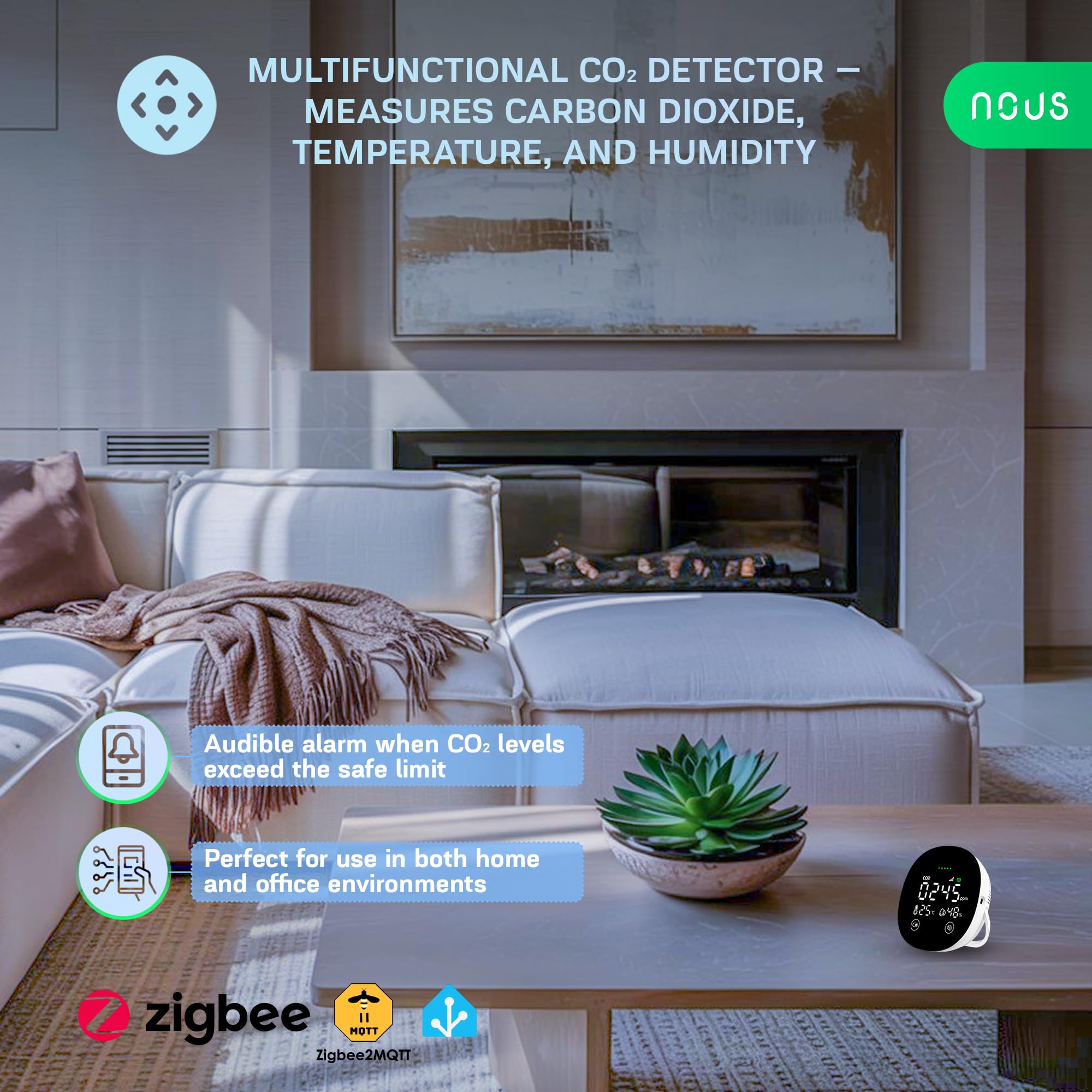 Nous E10 ZigBee CO2 Detector with Temperature & Humidity Sensor, Smart Air Quality Monitor, LED Display, App Alarm, Real-time Monitoring, Zigbee 3.0, Compatible with Alexa & Tuya