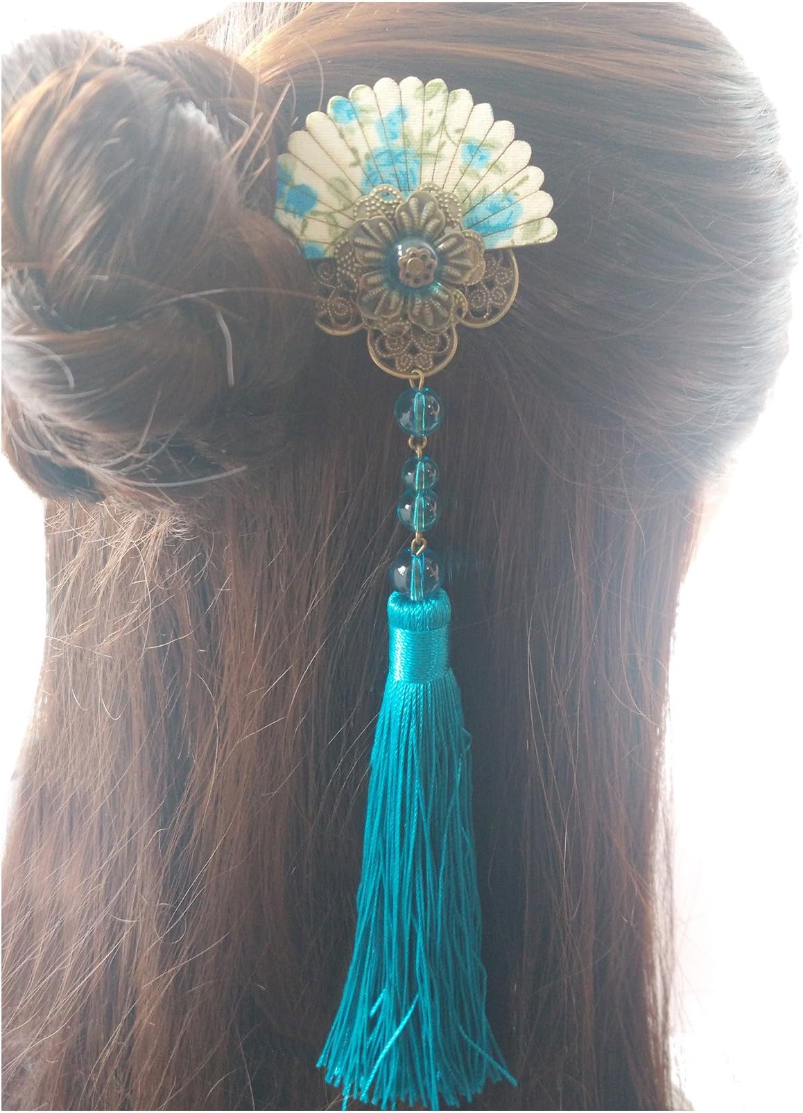 BOCHION Antique Long Tassel Hair Clip Fan Shape Kimono Bobby Pin Women Girl Hairpin Cosplay Barrette Hair Accessories (Cyan)