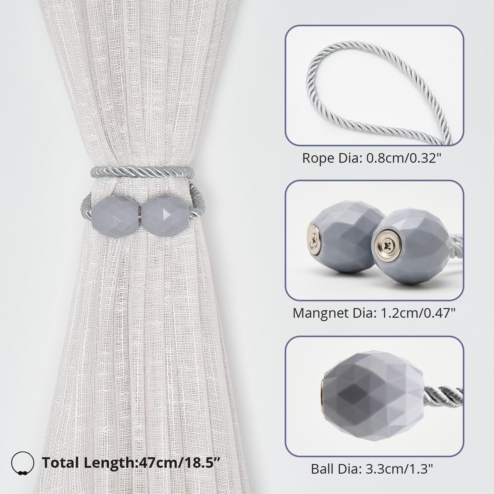 Pretty Jolly 2 Pack Magnetic Curtain Tiebacks Handmade Weave Rope Curtain Holdbacks Elegant Decorative Polyhedra Curtain Drape Tie Backs for Home & Office Thick & Thin Window Drapery (Light Grey) - Image 3