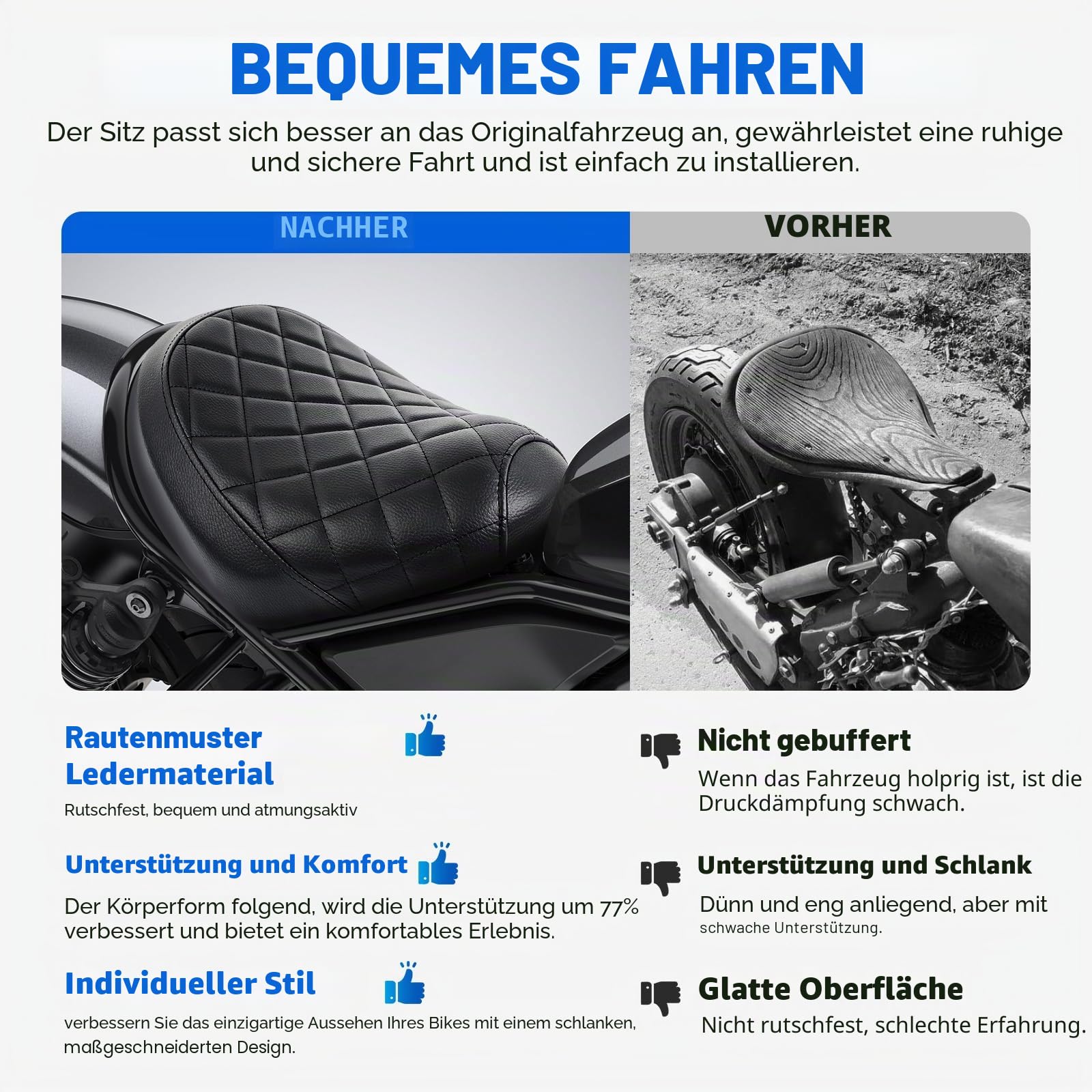 DREAMIZER Motorrad Solo-Sitz Frontfahrer Sitzkomfort Gel-Polster Stoßdämpfer Matte Kissen Motorrad Sitzkissen Kompatibel mit Honda Rebel 1100 CMX1100 2017-2025