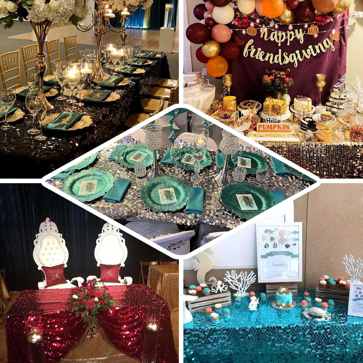 Efavormart 60"x102" Big Payette Hunter Emerald Green Sequin Rectangle Tablecloth Premium Collection Table Cover Sparkle Metallic Sequence Table Clothes for Birthday Party Baby Shower Wedding Covers