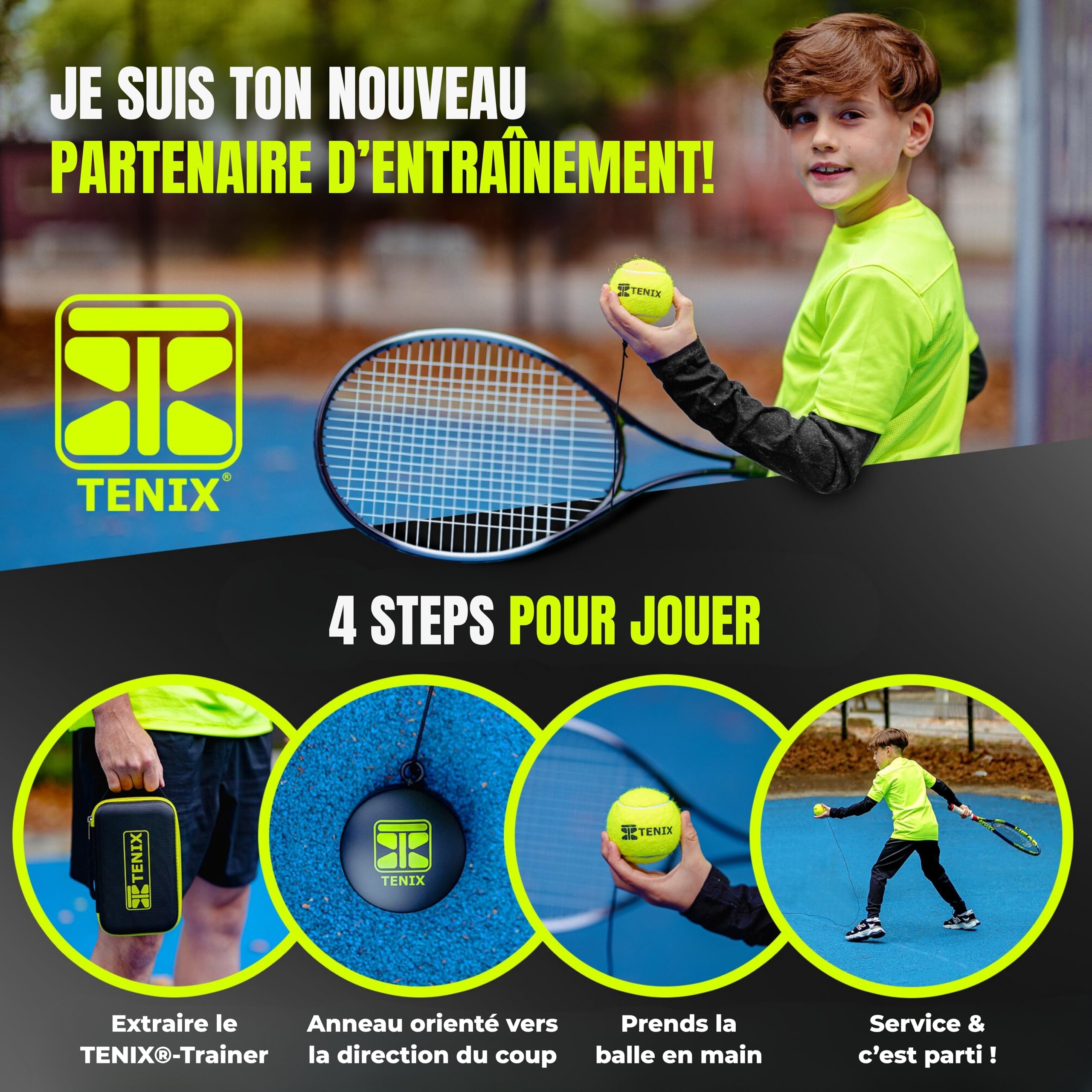 TENIX® Tennis Trainer [avec Power-Grip-System] Entrainement tennis pour enfants & adultes | Jouez dans votre jardin, au parc ou sur le court | Votre entraineur de tennis à portée de main!