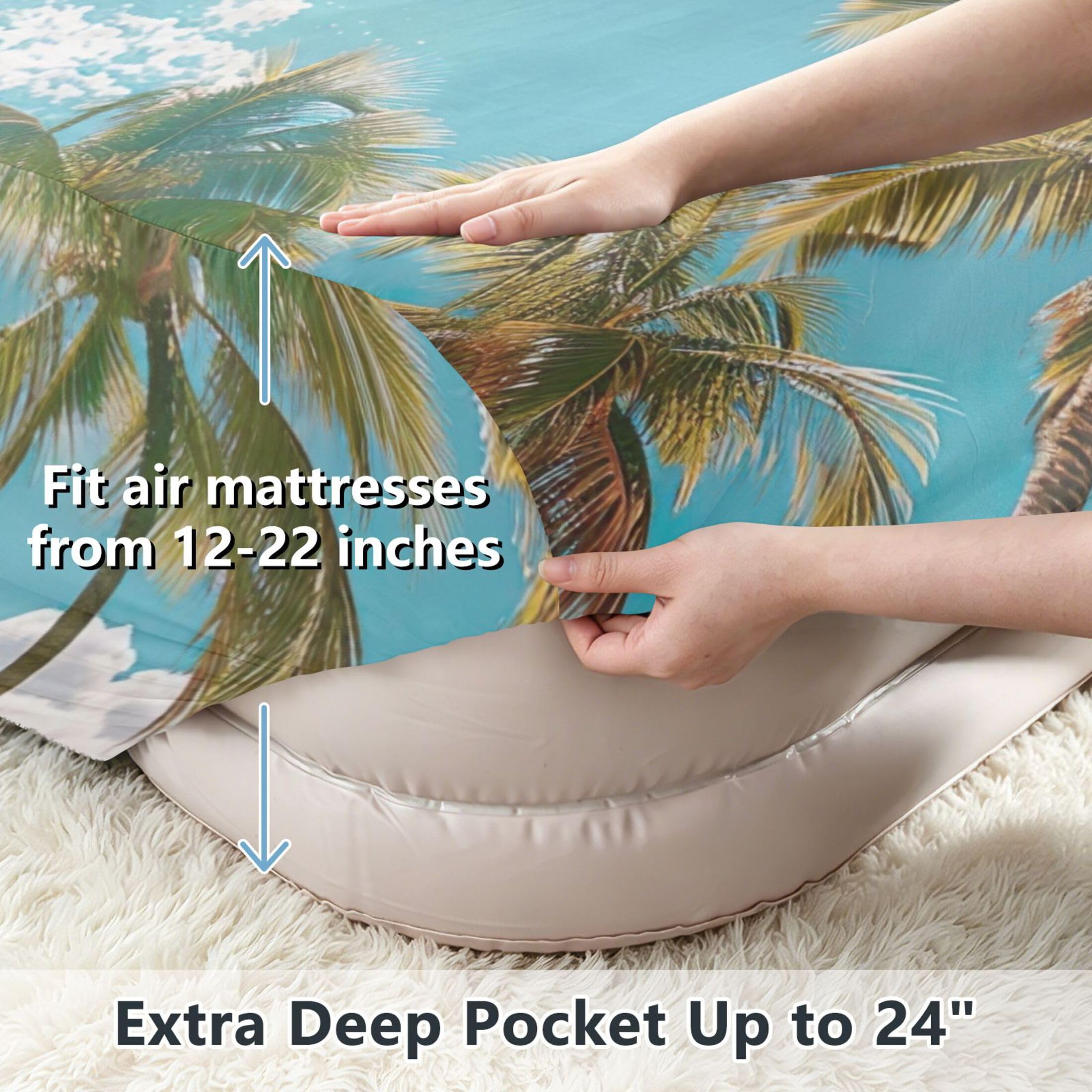 Palm Trees - Sábana bajera ajustable individual para colchón de aire, bolsillo extra profundo de 24 pulgadas, funda suave y transpirable con apertura de válvula de cremallera para cama de
