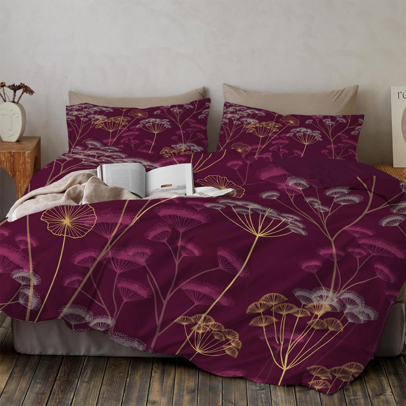 Housse de couette 240x220 bordeaux réversible finie la chambre triste avec cette parure plantes rétro
