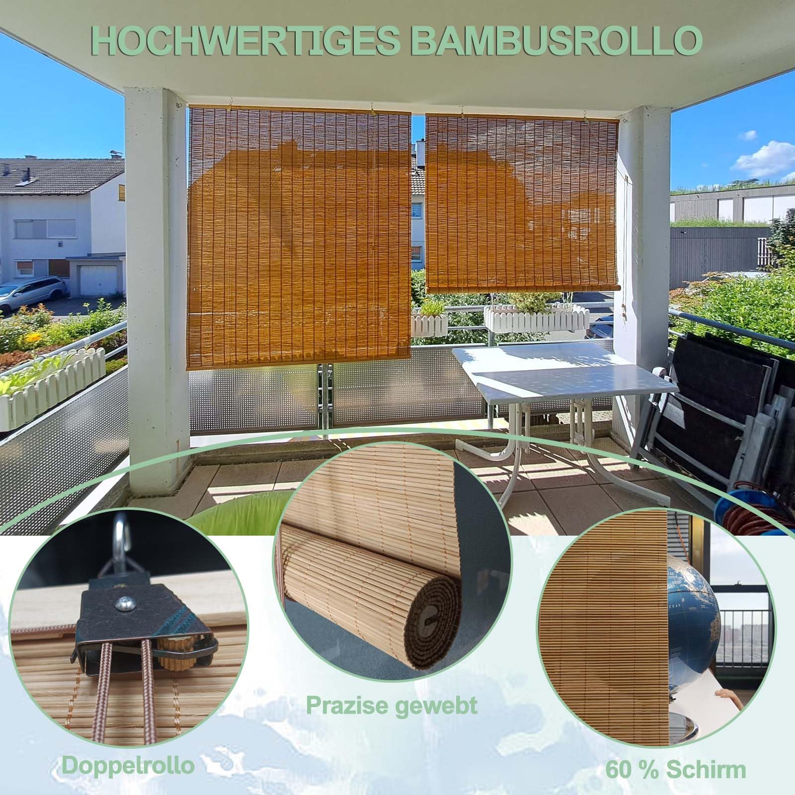 Bambusrollo Aussenbereich 60x200cm, Sonnenschutz Bambus Jalousie Inkl Montaematerial Holz Jalousie für Fenster und Türen - 60x200cm