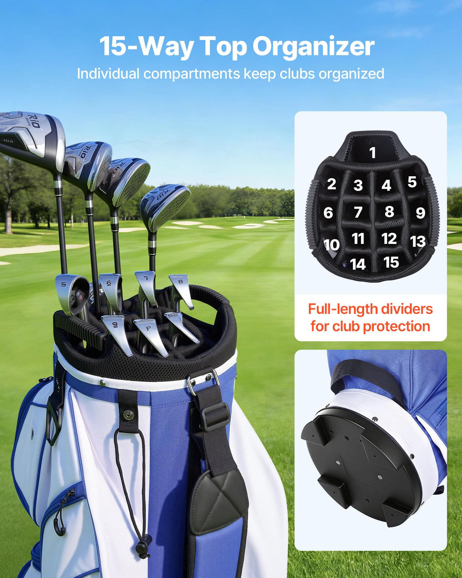 VEVOR Golfbag mit 15-facher Einteilung, Golftasche mit Ergonomischem Schultergurt Durchgehenden Trennfächern Regenhaube Stautaschen, Caddybag aus Leichtem Polyester für Herren Damen Golf Cartbag