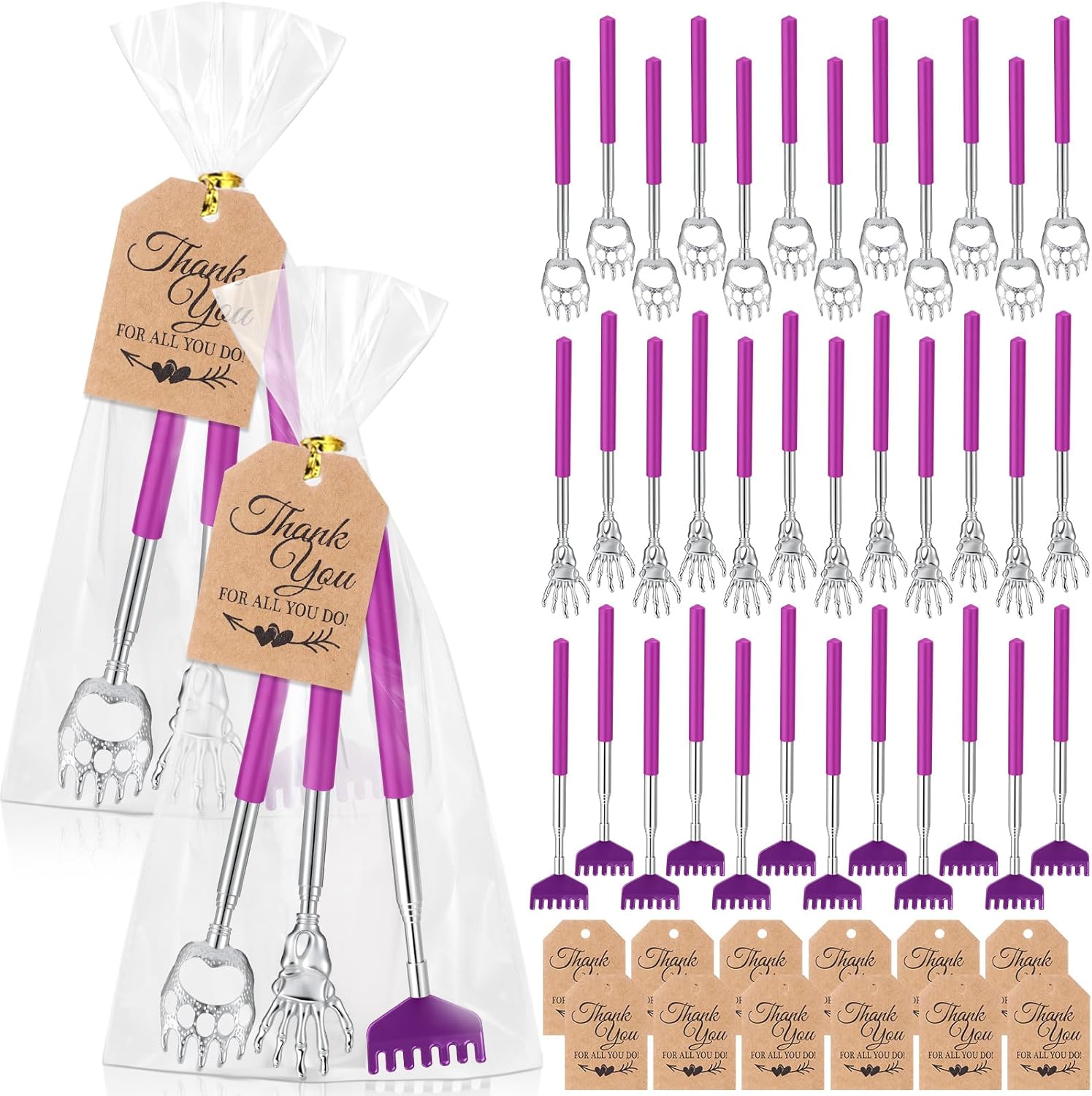 60 Pcs Massage Gifts for Men Women Back Scratcher with Rubber Handles Metal Extendable Back Scratchers with Gift Tags for Body Stress Relief Holiday Gifts Favors(Purple)