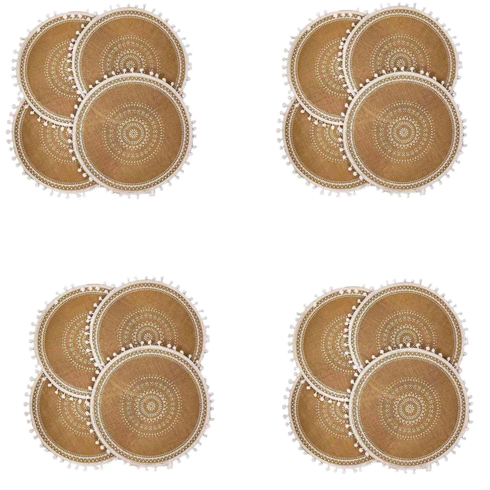 Hndhbfgrt Round Placemats Set of 16,Boho Woven Jute Table Mats with Pompom Tassel for Dining Room Kitchen Table Decor(White Ball)