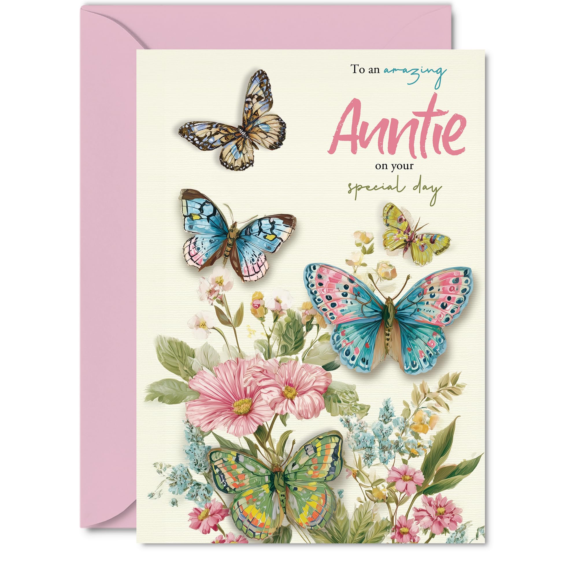 Auntie Birthday Card - Beautiful Butterflies - Happy Birthday Card for Auntie from Nephew Niece, 5x7 Inch Elegant Pastel Butterfly Mother's Day Greeting Cards