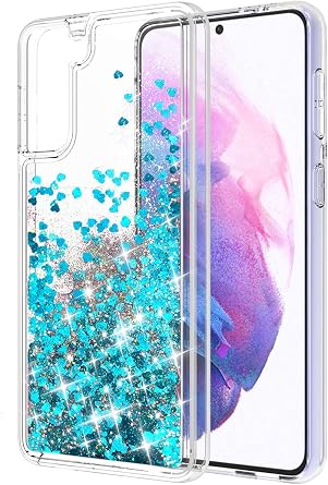 for Galaxy S21 Case, Double Layer Clear Design Bling Flowing Liquid Floating Sparkle Colorful Glitter Waterfall TPU Protective Phone Cover Case for Galaxy S21 [6.2 Inch], Blue
