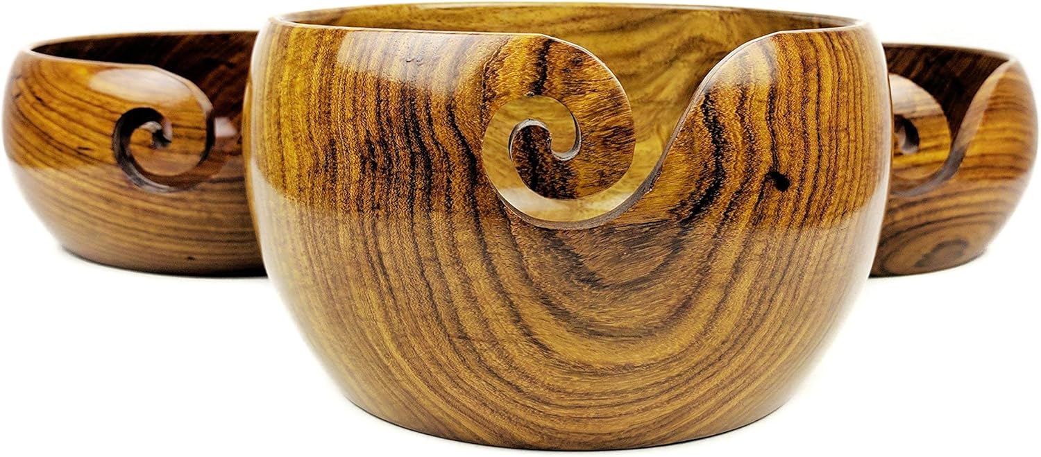 Nagina International Premium Rosewood Crafted Wooden Portable Yarn Bowl | Knitting Bowls | Crochet Holder (Set Of 3)
