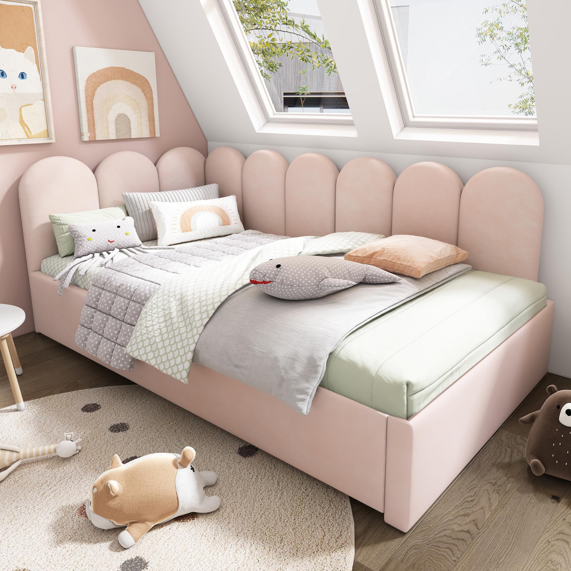 Dolamaní Gestoffeerd bed 90 x 200 (190) cm met lattenbodem, gewatteerd eenpersoonsbed met rolbed, functioneel bed, slaapbank, logeerbed, stapelbed (eenpersoonsbed, grijs