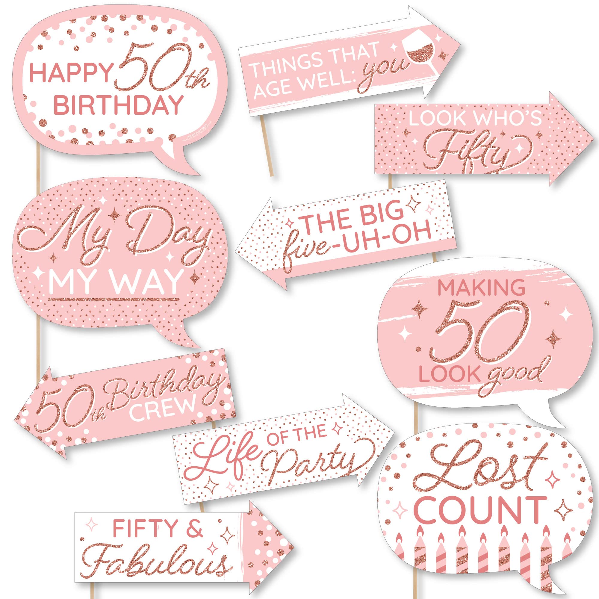 Accessoires photomaton 50e anniversaire rose et or rose pour photobooth de fête adulte