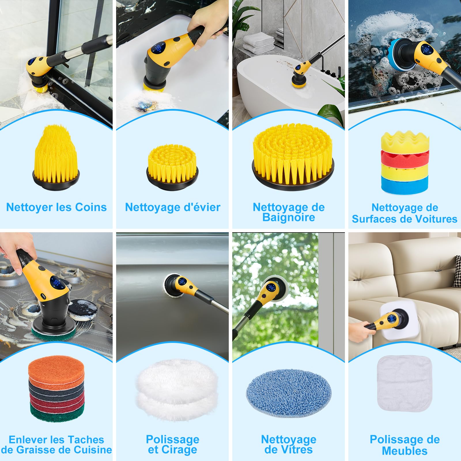 WADEO Brosse Électrique Rotative 17 Pièces - Kit de Nettoyage Multisurface avec 6 Types de Têtes et Poignée Réglable 360° - pour Salle de Bain, Carrelage, Sols, Cuisine, Voiture, Meubles