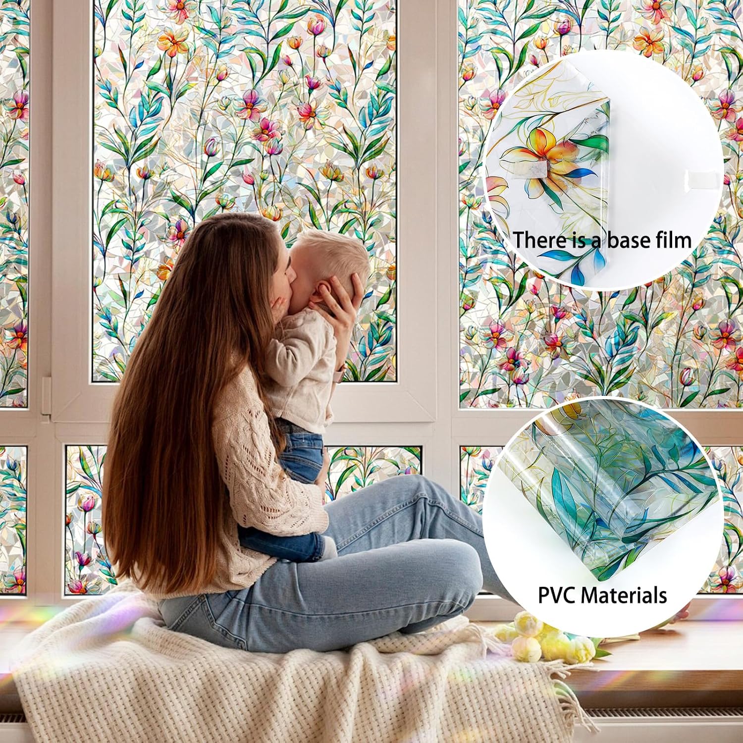 Window Privacy Film - Floral Stained Glass Window Film for Glass, Rainbow Static Cling Window Film Decorative Anti UV Non-Glue Reusable Vinyl for Window,Glass Doors- Colorful 23.6'' x 78.7''