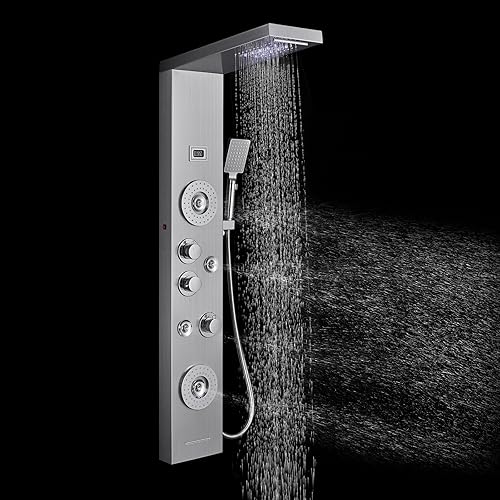 ROVOGO Panel de ducha con ducha LED de cascada de lluvia, 4 chorros de niebla, 2 pulverizadores corporales, boquilla de bañera de mano y cascada,