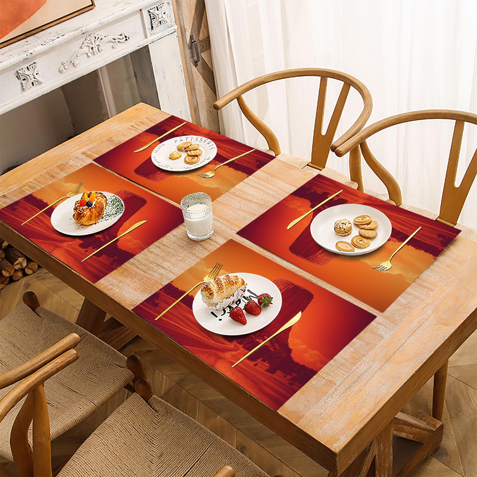 Set di 8 Colazione Stoffa 30x45cm, Antico Architettura Cotone e lino Tovagliette Americane Lavabili, Tovagliette Montagna per Primavera Vacanze Cucina Feste, Pasqua
