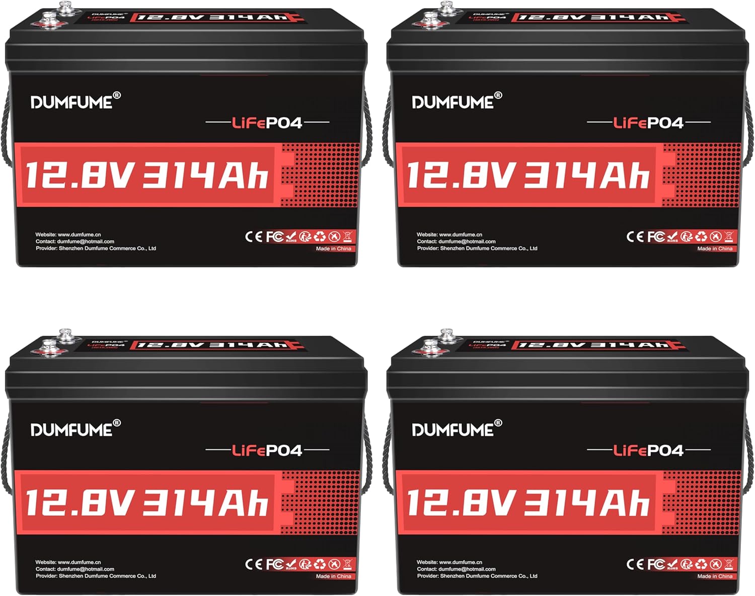 4 Pack of 12V 314Ah LiFePO4 Lithium Batteries, 200A BMS 15000+ Cycles,Low Temp Cutoff,4.01kWh for Massive Solar, Off-Grid & RV Power System