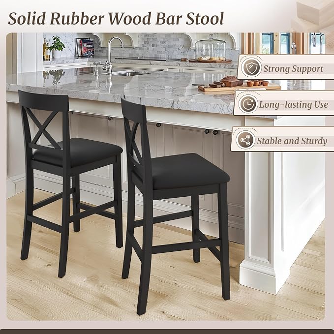 Butaco clásico de madera con asiento de cuero sintético negro miniatura 5