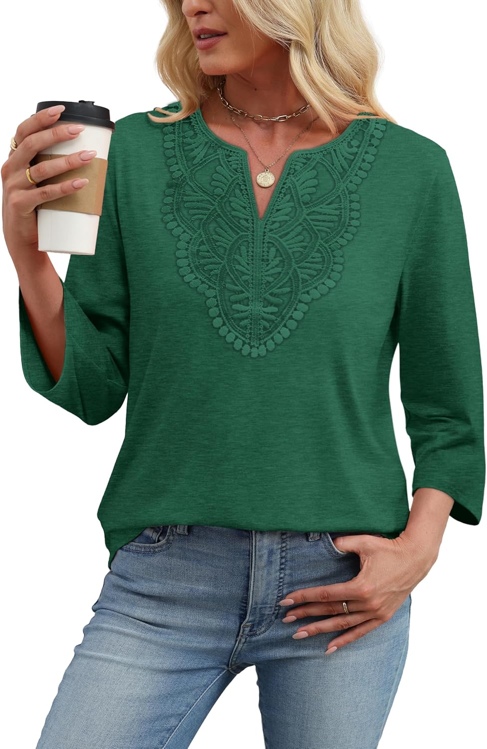 WIHOLL 3/4 Length Sleeve Womens Tops Boho V Neck Lace Shirt Trendy Blouses Dressy Casual Vacation Clothes S-3XL - Image 3