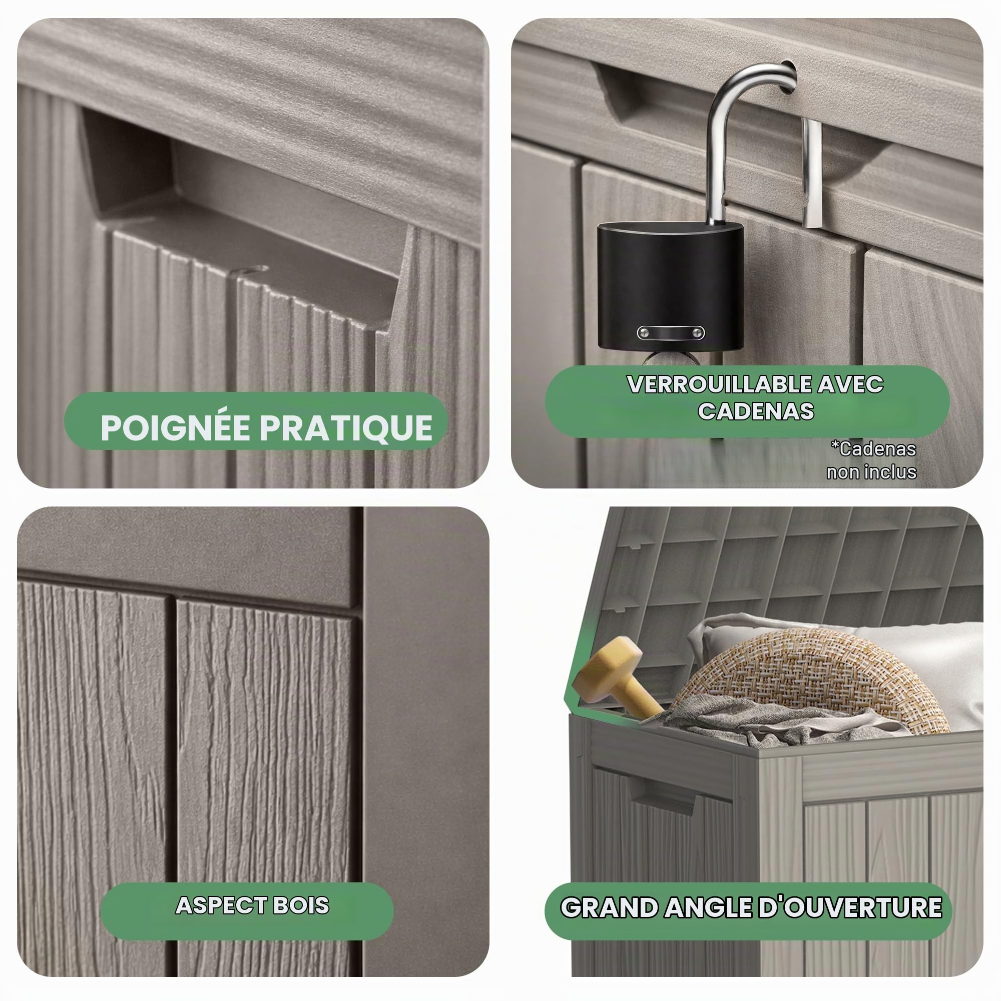 AKORD Coffre de Jardin Imperméable 170L, Boîte de Rangement Extérieur pour Balcon et Terrasse, Polypropylène Aspect Bois, 77,5 x 43 x 55,5 cm, Gris