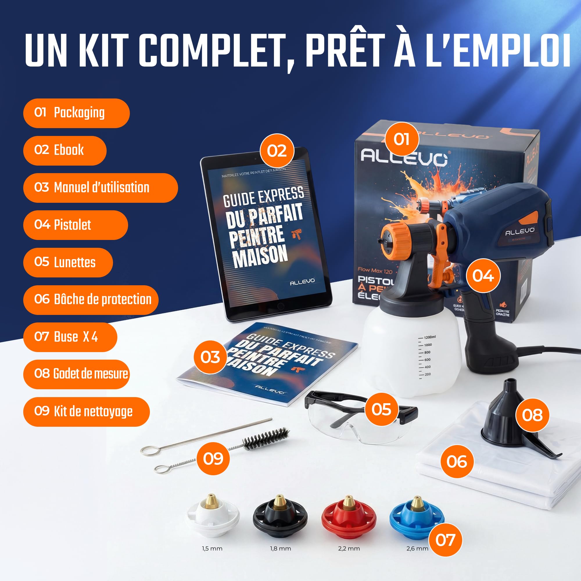 ALLEVO® Pistolet a Peinture 800W – Pulverisateur Electrique de Peinture 1300ml, 4 buses, Pulvérisateur Électrique, Pulverisateur a main, Pulvérisateurs de peinture, Accessoires, Murs, Meubles, Plafond