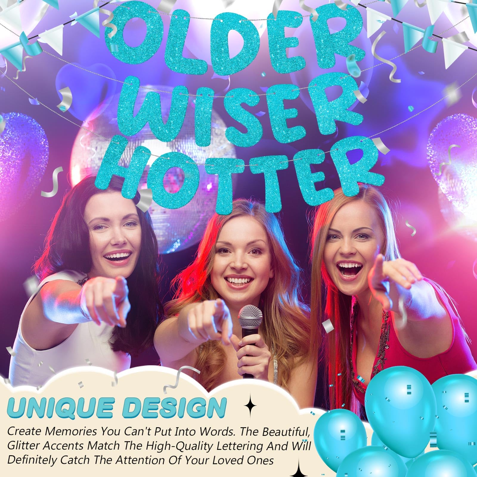 Fufuddz 'Older Wiser Hotter' Glitter Birthday Banner – Pre-Strung Teal Blue Party Decor For Milestone Birthdays