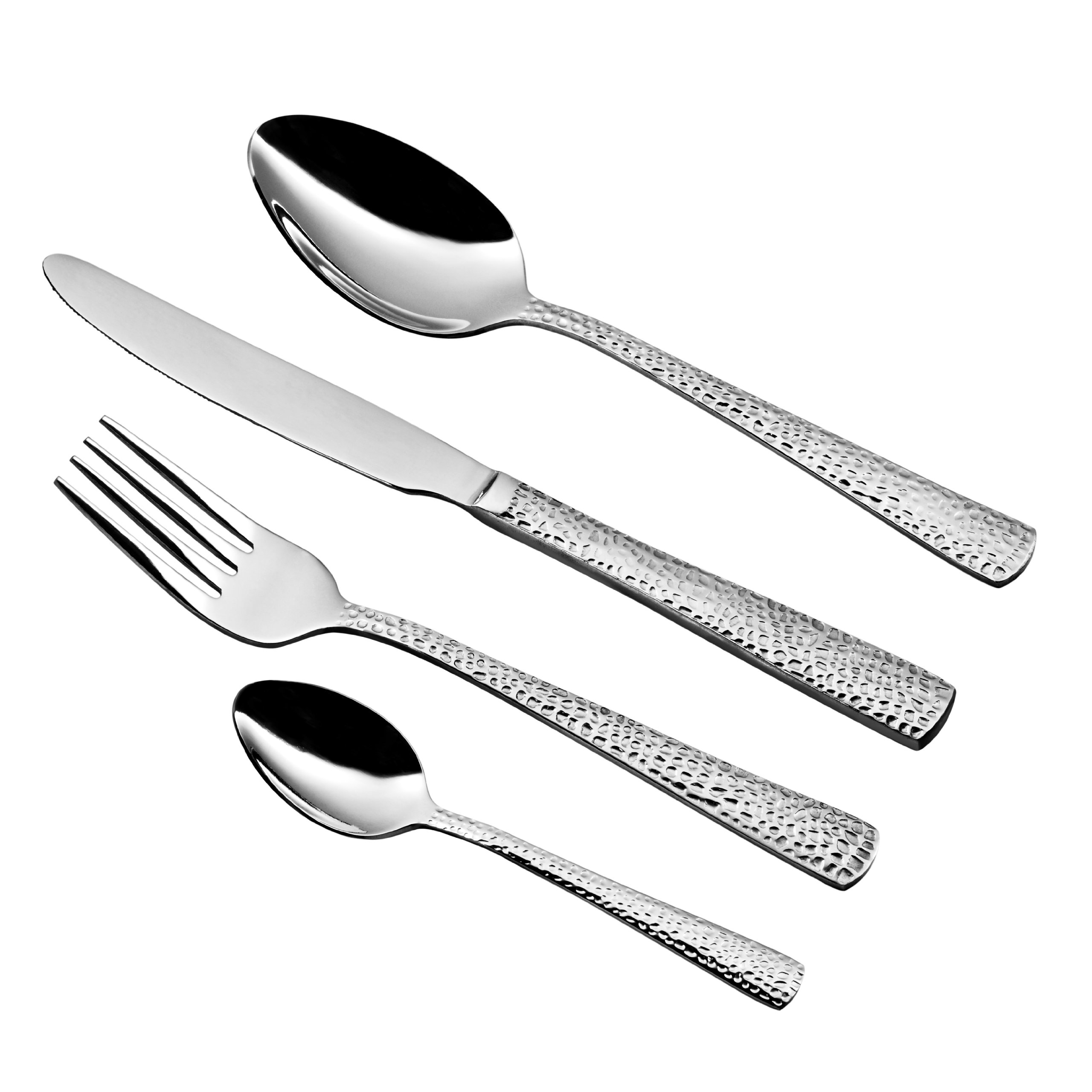 24 Piece Stainless Steel Cutlery Set - Hammered Handle Fork Knife Set - Silver - Premier Housewares